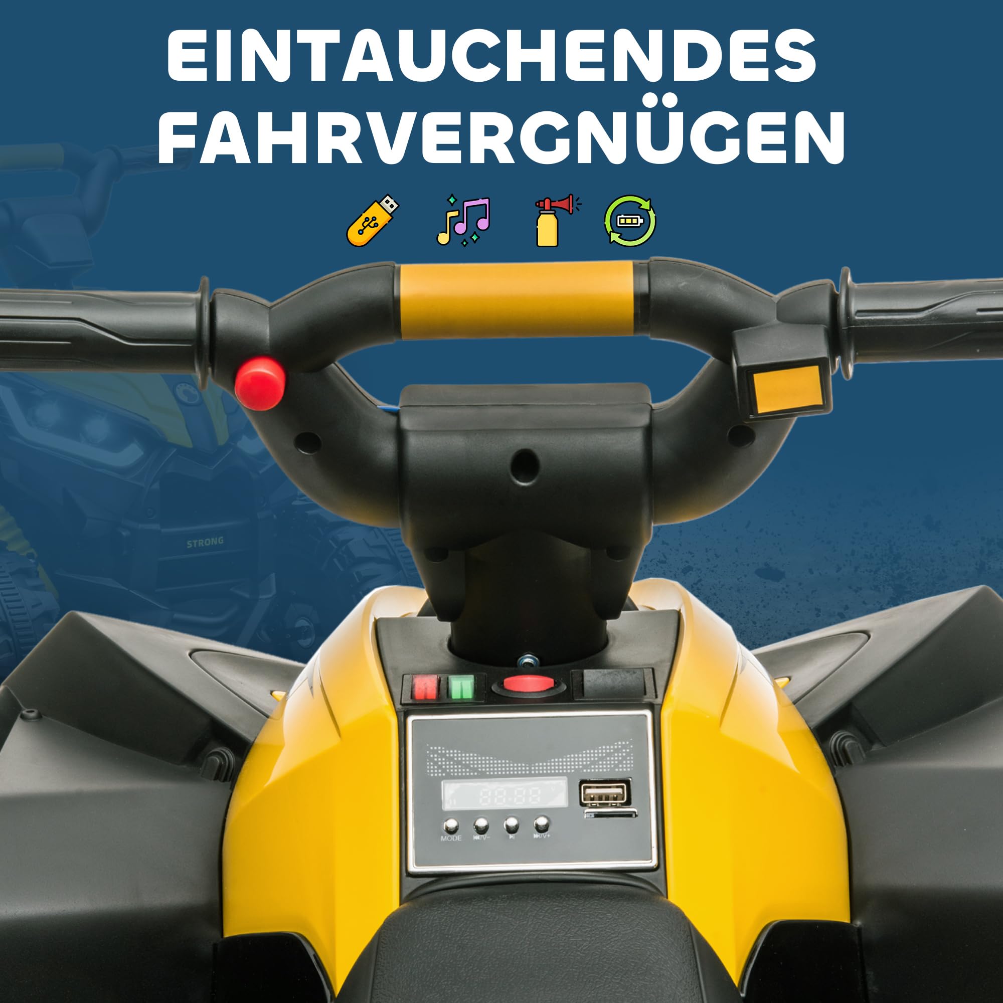 HOMCOM Kinder Quad Elektro 12V Kinderquad mit 35W Motor für 3-5 Jahre Gelb | Vorwärts-, Rückwärtsfunktion, Musik, USB-Anschluss, Hupe, LED-Scheinwerfer, 3-6km/h, Elektro-Quad