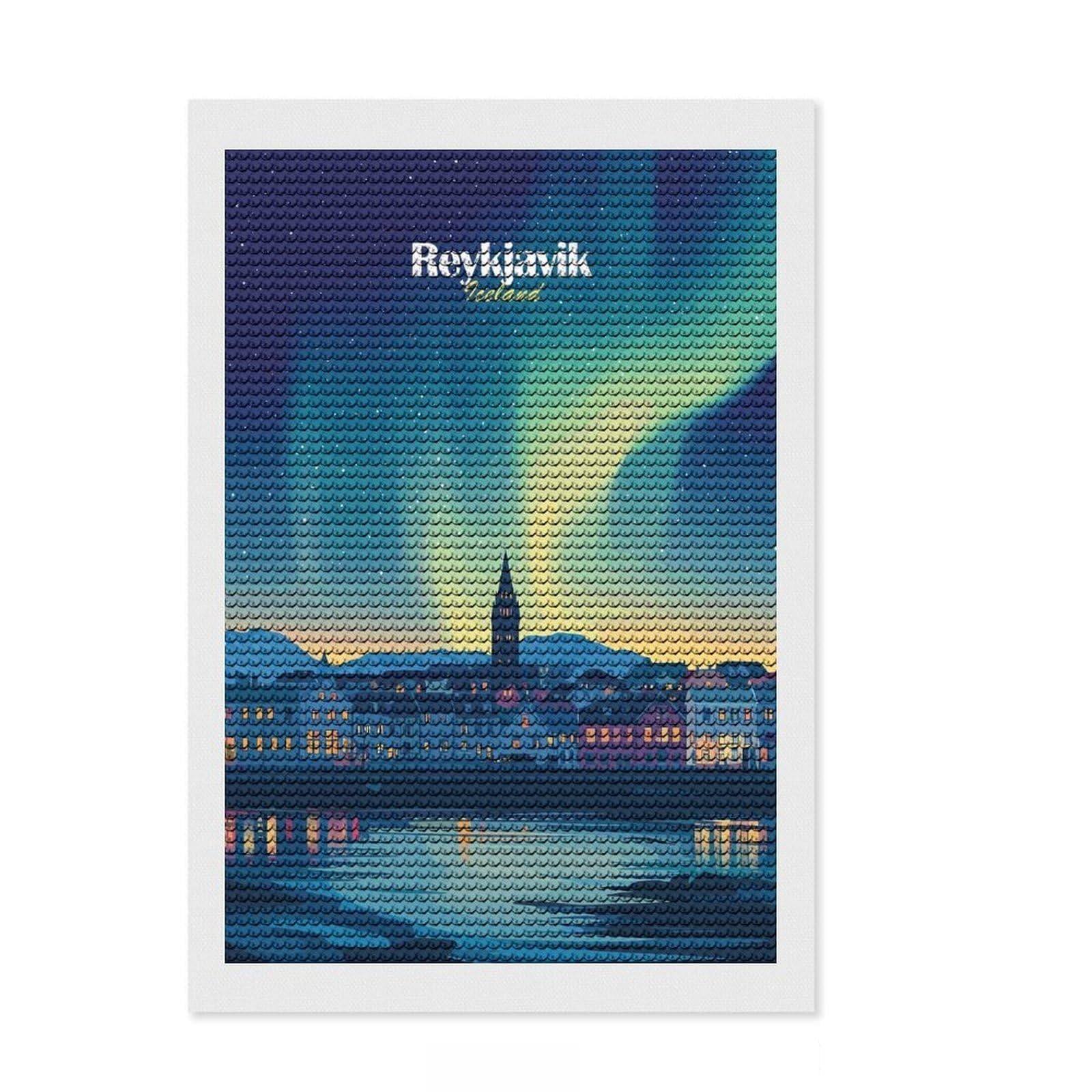Junmoney Reykjavik Aurora Borealis Diamond Painting Set 8"x12", with Tool Kit, Farmhouse Decor, for Creative Relaxation, Birthday Gift, Bedroom Decor