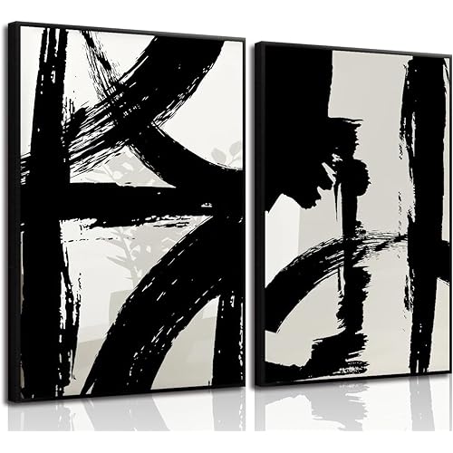 Black and White Brush Stroke Wall Art Modern Abstract Minimalist Ink Line Painting Picture Mid Century Geometric Prints Canvas Poster Retro Graffiti Artwork for Office Home Decor 12x16in Unframed