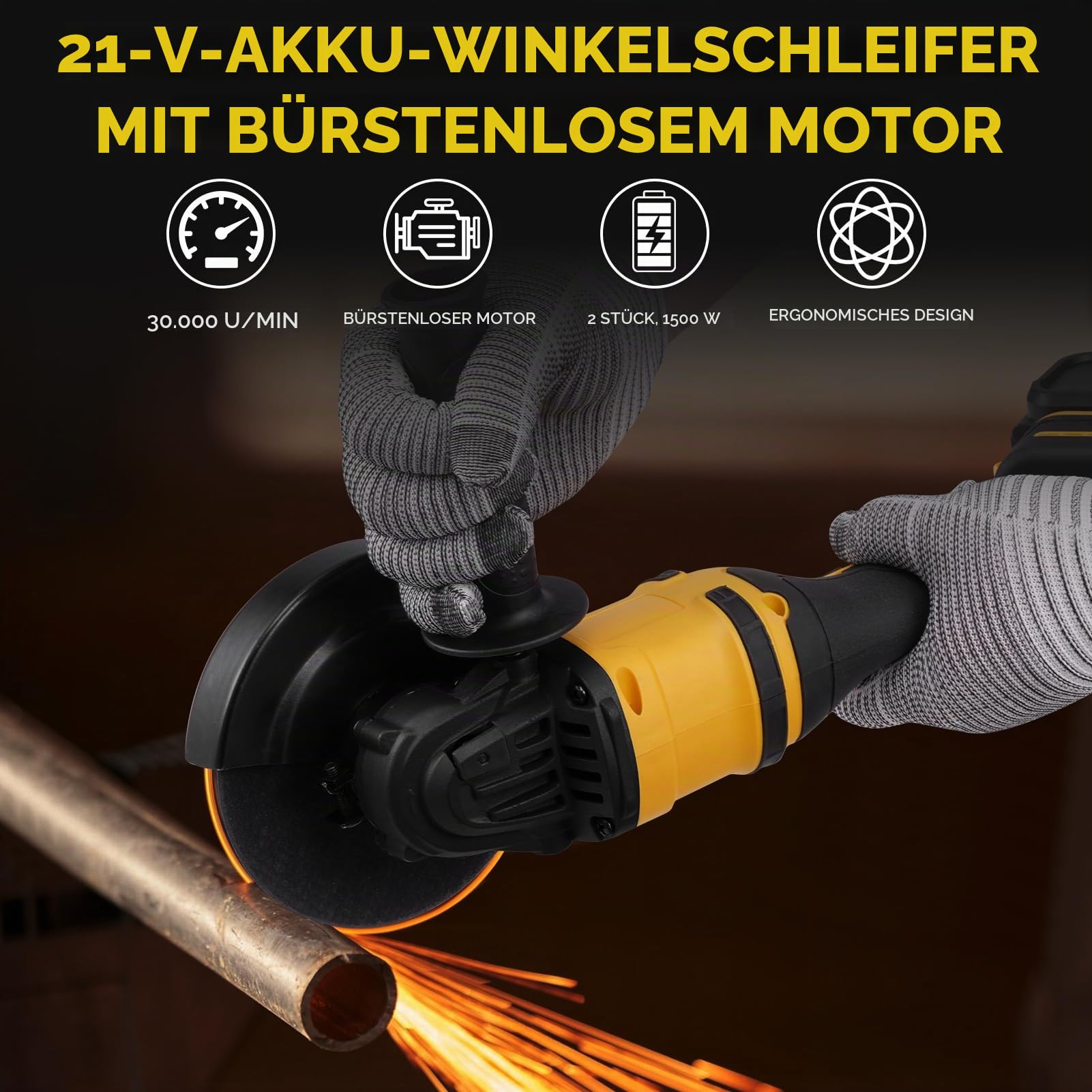 Akku Winkelschleifer - 21V Professional Winkelschleifer Set 16Pcs (Scheiben-Ø 125mm,Leistung 1500W, 0-30000 RPM,1 Schleifplatte, Zusatzhandgriff,Schraubenschlüssel,Ladegerät, 2×5000mah Akkus)