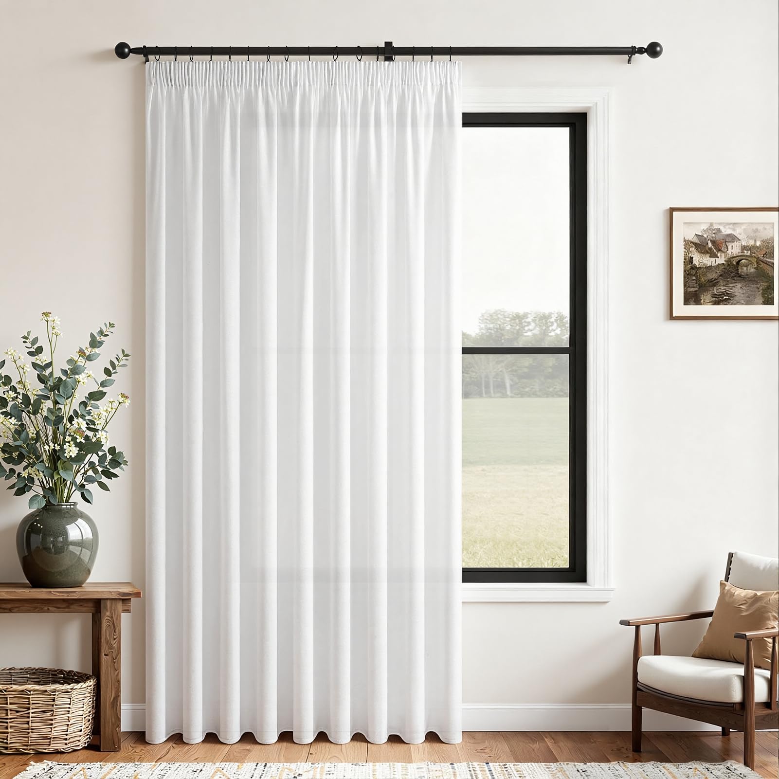 CUTEWIND Cortinas Dormitorio Juvenil Lino Blanco Cortinas con Ganchos Salon Cortinas Salon Blancas 1 Pieza para Riel con Cinta Fruncidora 200cm Ancho x 245cm Alto, Cortina Translucida Modernas