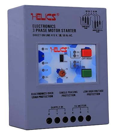 HELICS(TW-820) Automatic Water Level Controller 3 Phase & Inbuilt Motor Starter(4.0 TO 7.5 H.P/2 Tank's Controllable/SPP/Reverse Phase Protection)with Sensor for Overhead & Underground Tank(8 Major Protections)
