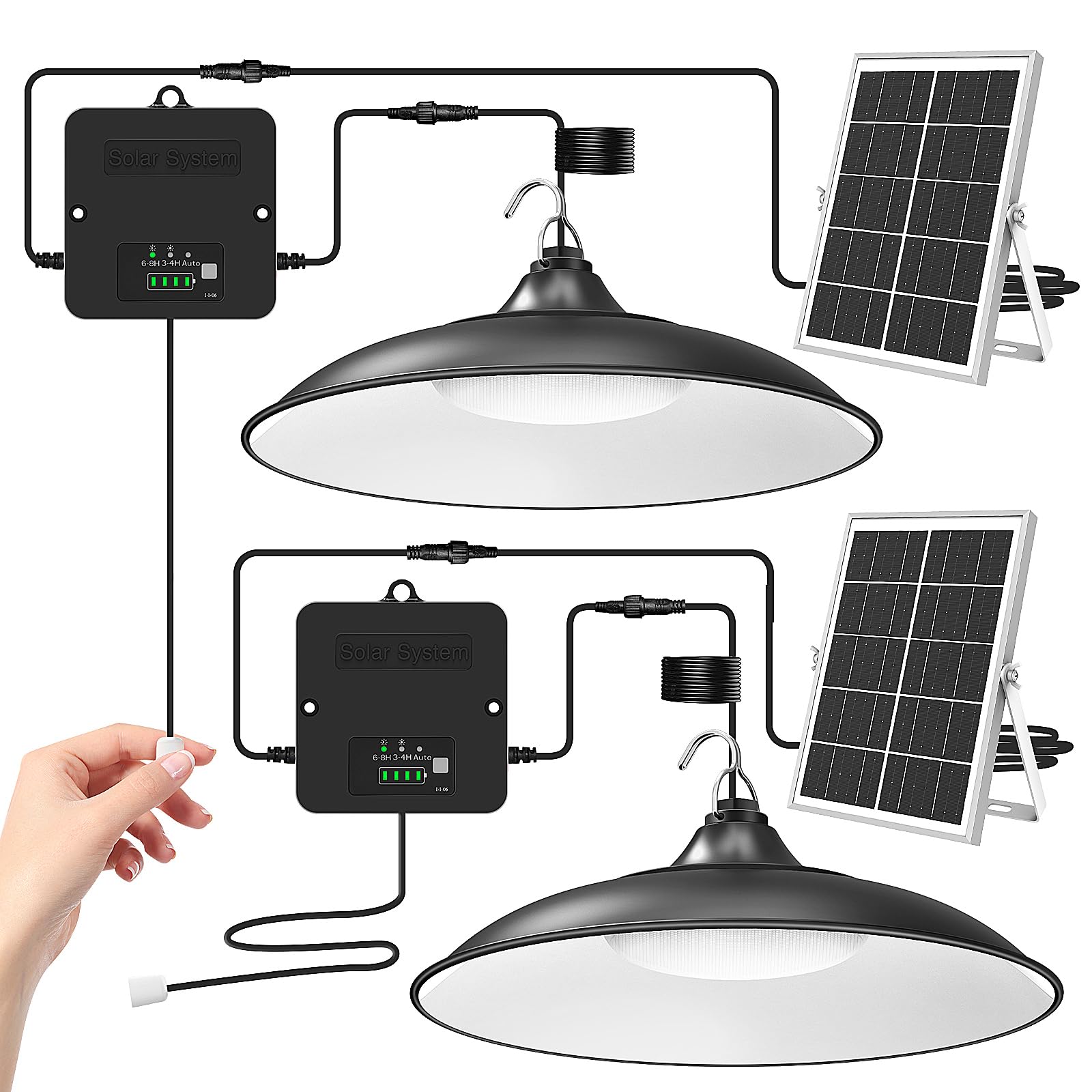 APILAB Solar Shed Light Indoor Outdoor with Pull String, 2000LM 6500K 2Pack | Cool White, Daytime Available, 3 Lighting Modes Pendant Light, Dusk to Dawn, IP65 Waterproof for Barn, Gazebo, Shop, Garag