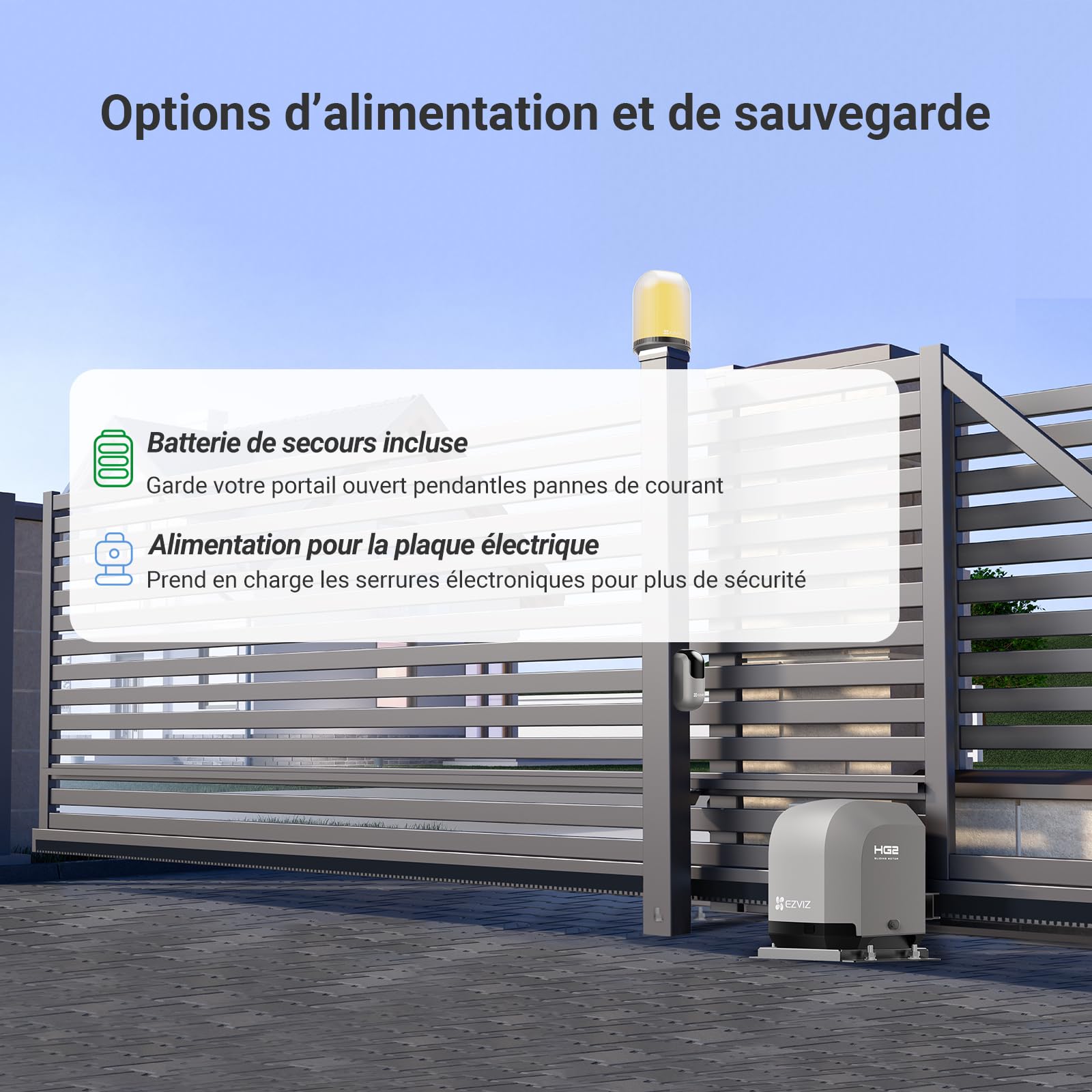EZVIZ Moteur Portail Coulissant 400 kg Ouvre Portail Auto HG2 400 | Vantaux Max 6m, Sécurité avec Détection d'Obstacles,Batterie de Secours,Télécommandes&Contrôle APP, Facile à Installer