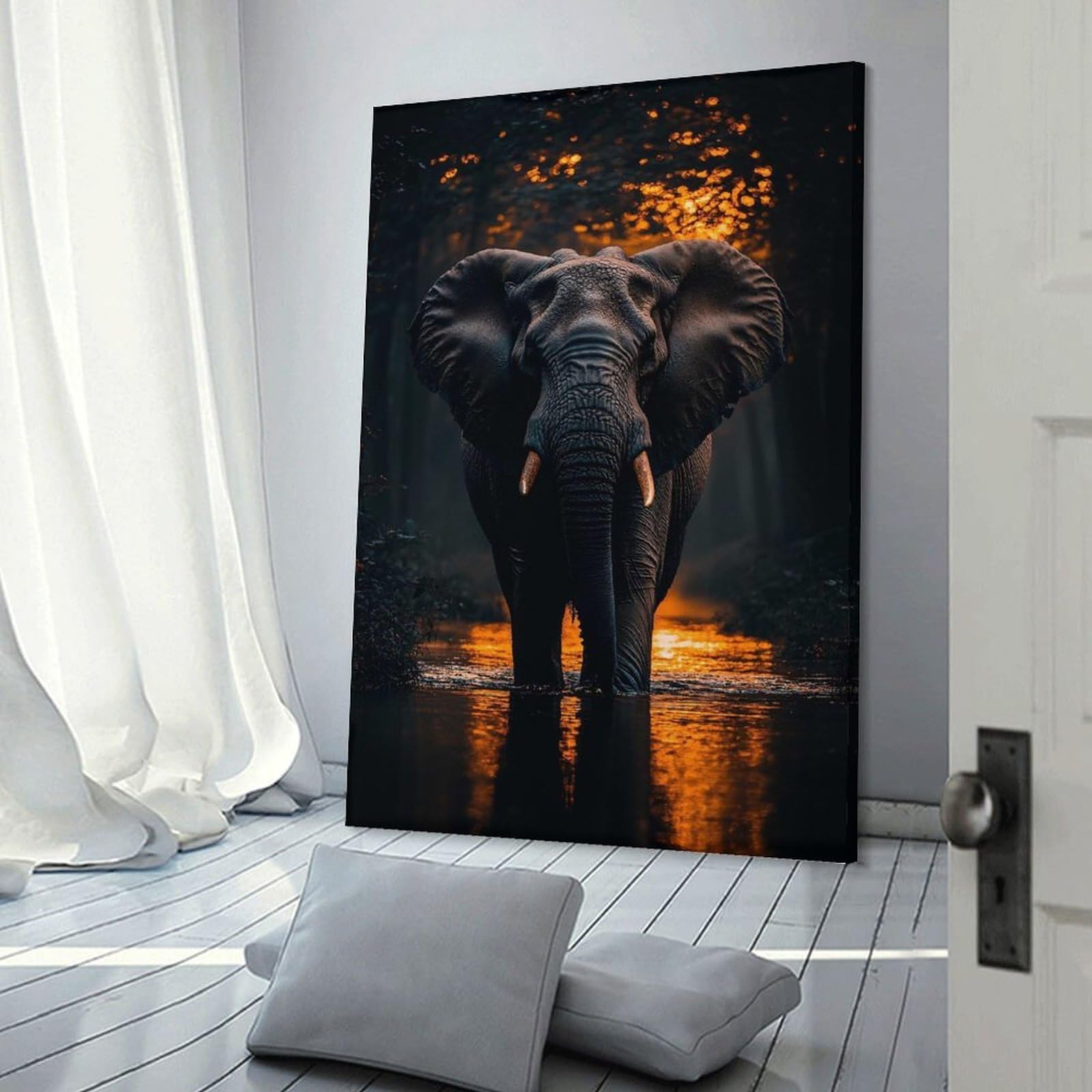 Junmoney Elephant in Water at Night Hanging Wall Art 20x30inch(50x75cm), for New Homes, Bedrooms Or Workspaces, Thoughtful Wall Decor for Art Lovers