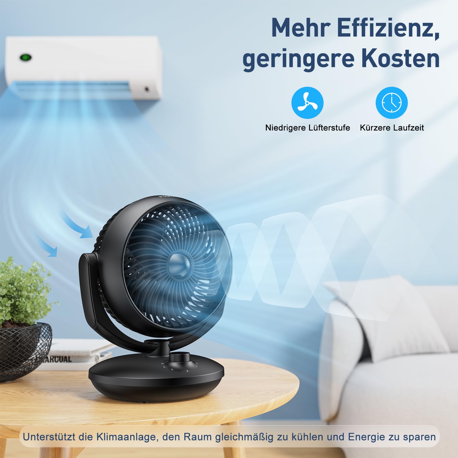 Ventilator Leise 22dB Tischventilator 3 Geschwindigkeiten Oszillation 3D Turbo Umluftventilator bis 20m² Schwarz