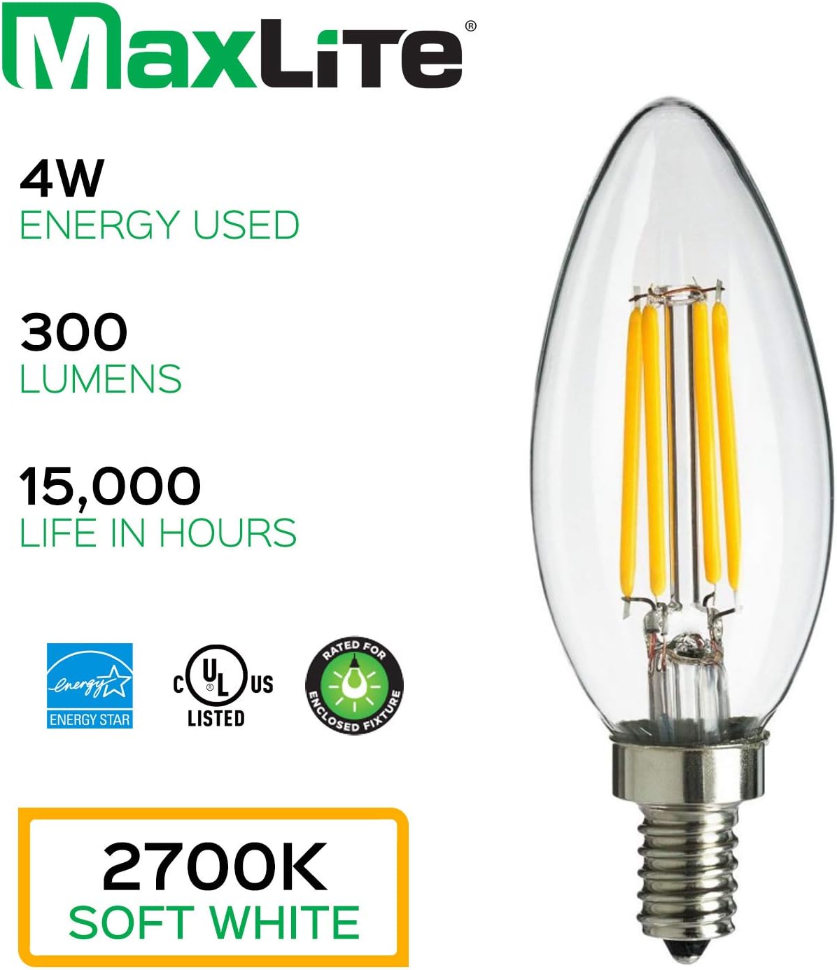 MaxLite Candelabra LED Chandelier Bulbs, 40W Equivalent, Enclosed Fixture Rated, 300 Lumens, Dimmable Filament Candle Bulbs, E12 Base, Energy Star, Wet Rated, 2700K Soft White, 6-Pack