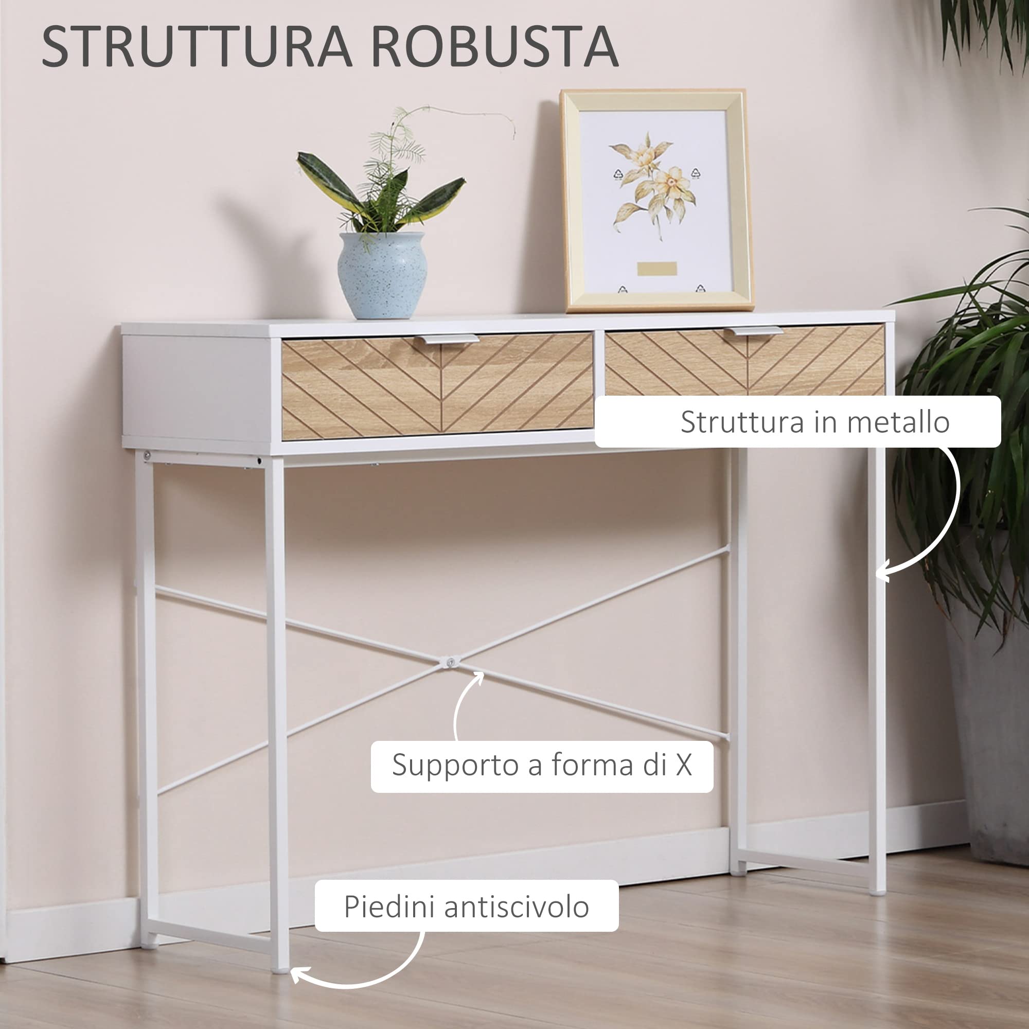 HOMCOM Consolle Moderna con 2 Cassetti, Tavolo per Ingresso in Metallo con Struttura Incrociata, Tavolino per Soggiorno, Bianco