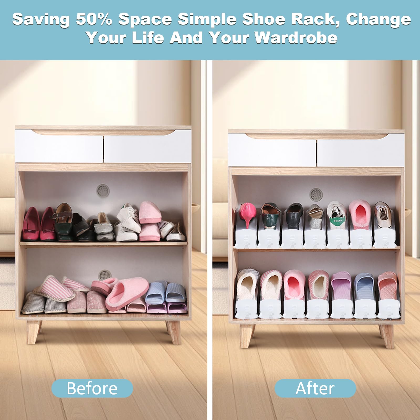 Organizadores de Zapatos,20pcs Soporte de Calzado de Altura Ajustable,Zapatero Simple,ranuras para zapatos,Adecuada para Mujeres y Hombres,3 Alturas para Todo Zapatos,Ahorra Espacio(Blanco)
