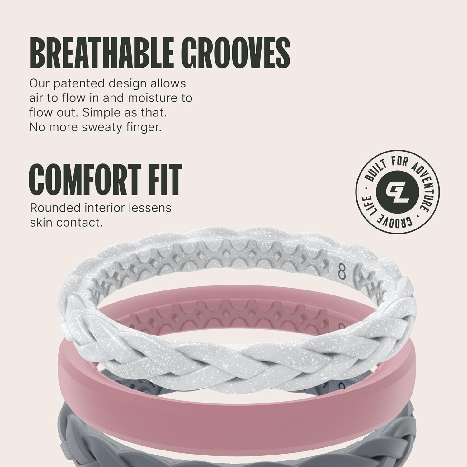 Groove Life Stackable Rings - Breathable Silicone Wedding Rings for Women, Unique Design, Comfort Fit Ring