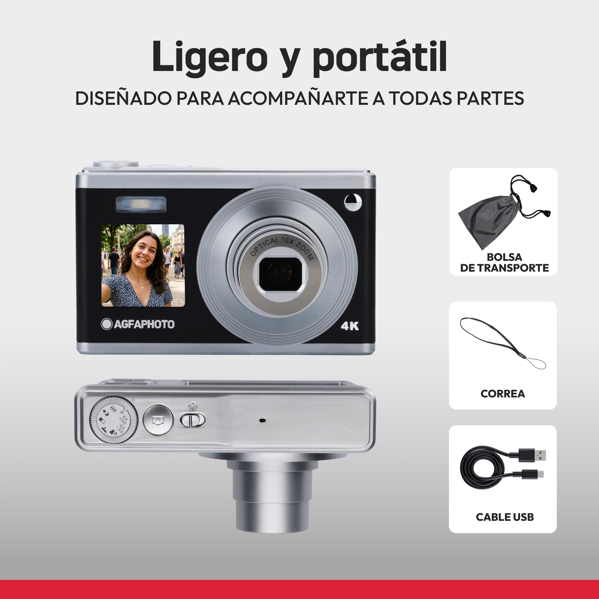 AGFA Photo Realishot DC9200 - Cámara Digital Compacta, 24 MP, Vídeo 4K, Zoom Óptico 10x, Pantalla Doble 2,8" + 1,54", Sensor CMOS, Estabilización de Imagen, Batería de Litio - Plata