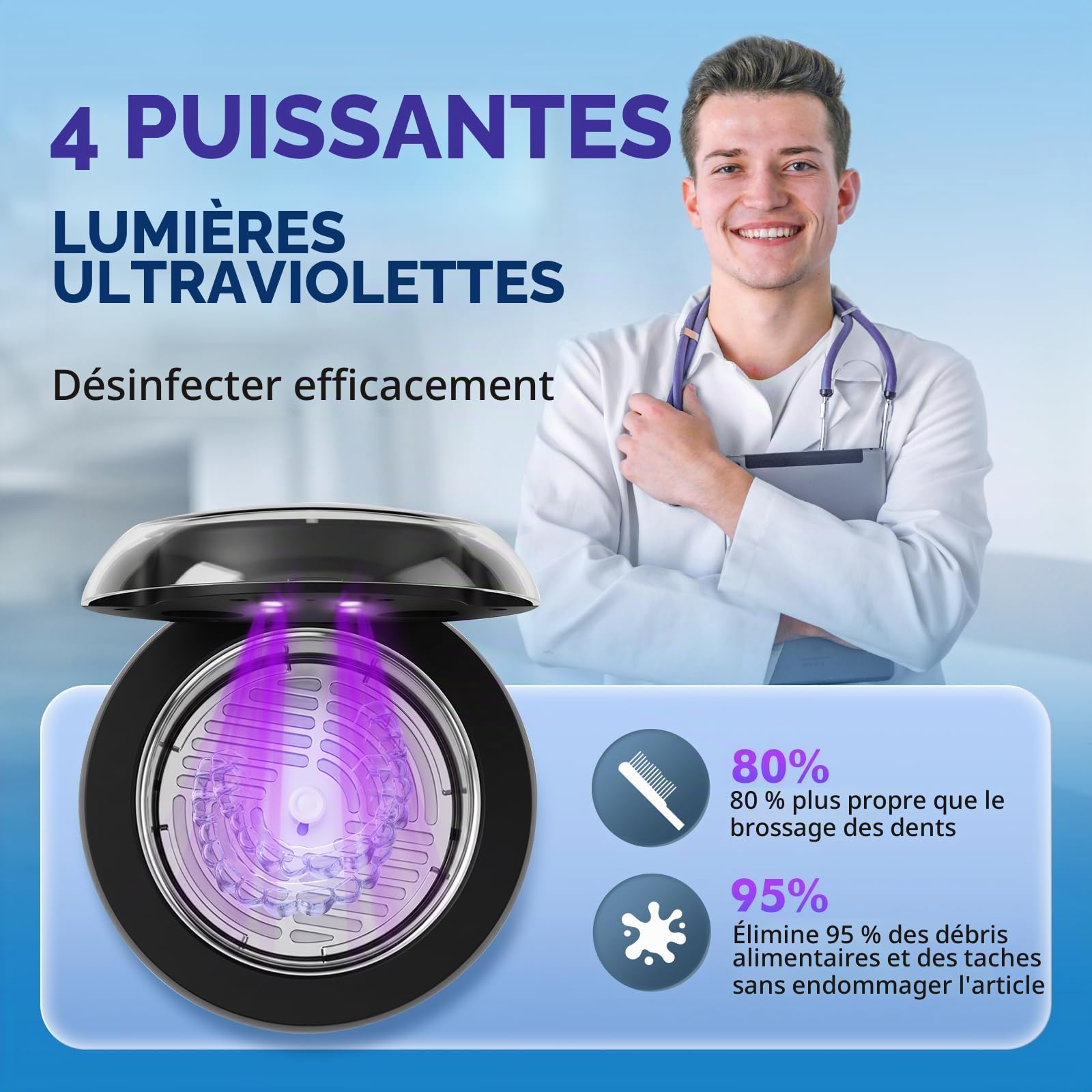 Nettoyeur Ultrasonique Dentaire avec UV 4 Modes de Nettoyage Machine de Nettoyage pour Prothèses Dentaires, Gouttières, Appareils Dentaires, Bijoux et Montres, Réservoir 200 ml