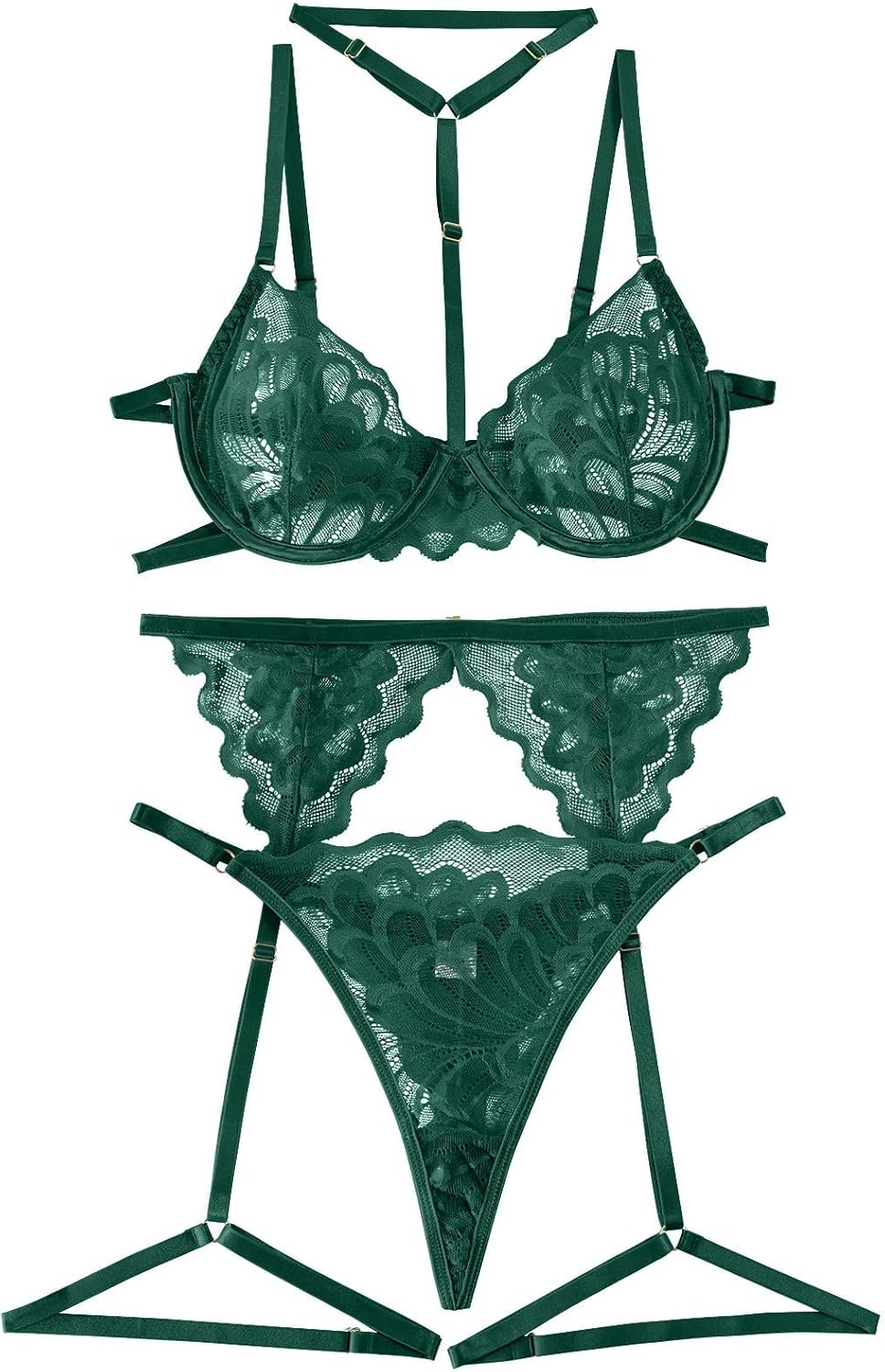 Lilosy Sexy Choker Floral Lace Scallop Sheer Underwire Push Up Garter Belt Lingerie Set 3 Piece - Image 3