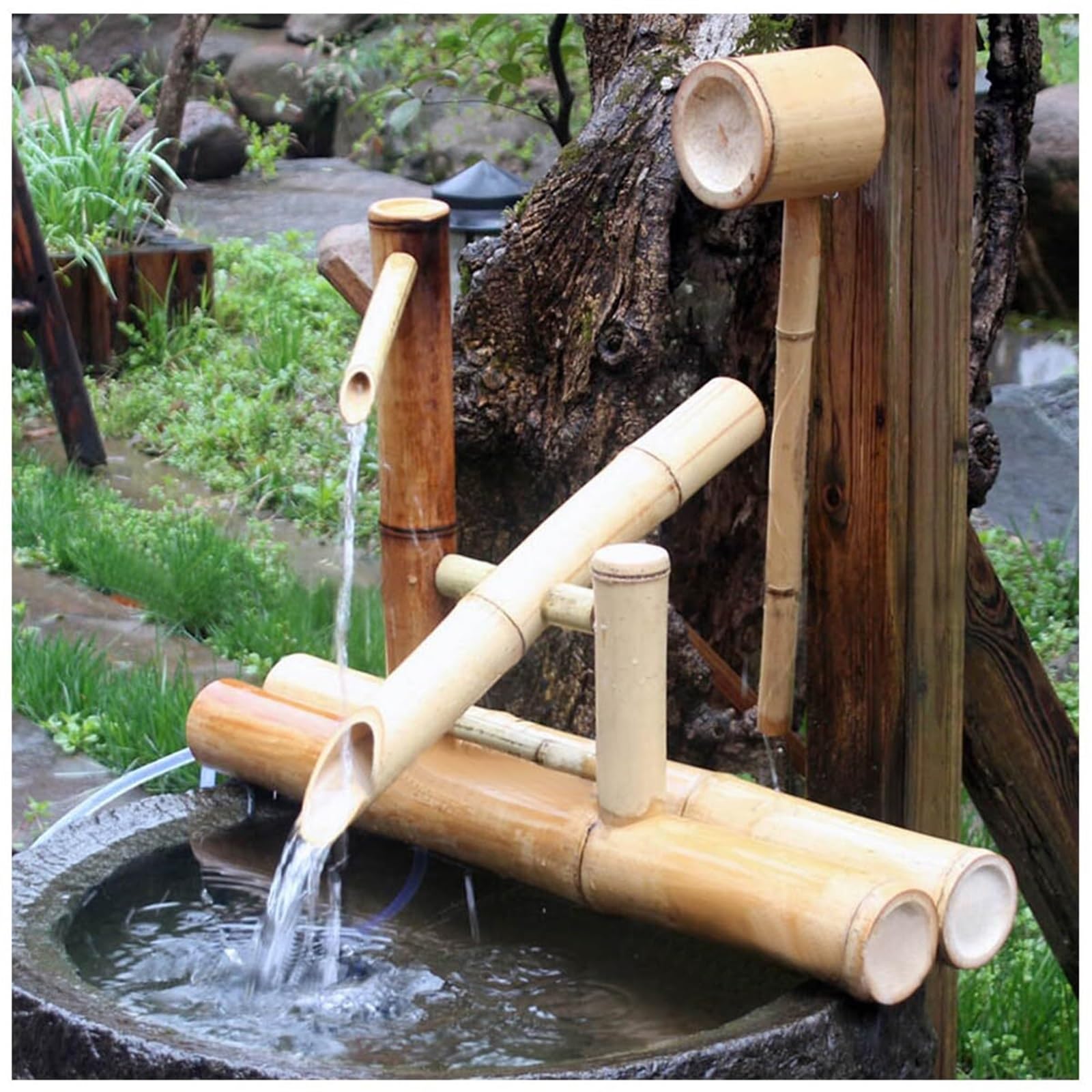 Outdoor Fountain 17.7" - Japanese-Style Bamboo Water Feature with Pump Kit, Split-Resistant Natural Deer Scarer for Backyard Lawn
