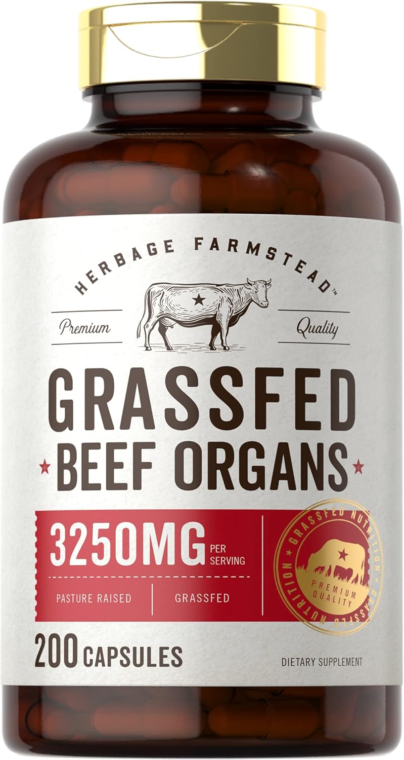 Grassfed Beef Organs Capsules 3250mg | 200 Count | Desiccated Liver, Kidney, Pancreas, Heart, Spleen Supplement | Non-GMO, Gluten Free | by Herbage Farmstead : Health & Household