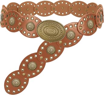 WHIPPY Women Disc Concho Leather Belt Western Cowgirl Wide Belt Vintage Boho Country Oval Waist Belt for Music Festival Dress