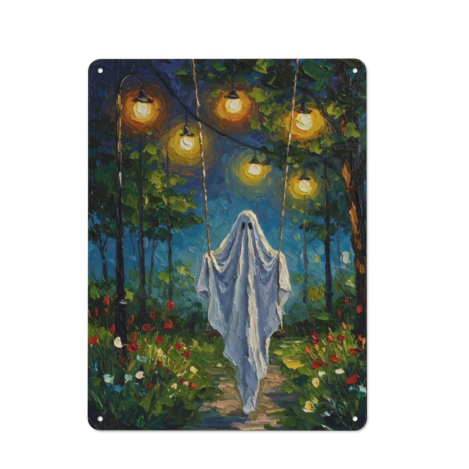 Junmoney Ghost On A Swing Painting Rustic Decorative Tin Sign 40X30cm, Cottage Wall Art For Cottage, Kitchen, Hallway Or Breakfast Nook