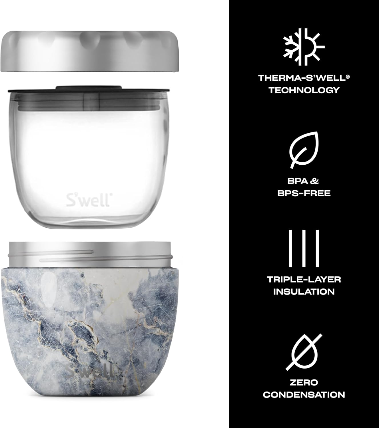 S'well Stainless Steel Bowls-21.5 Oz Triple-Layered Vacuum-Insulated Containers Keeps Food and Drinks Cold for 11 Hours and Hot for 7-with No Condensation-BPA Free, 21.5 oz, Blue Granite