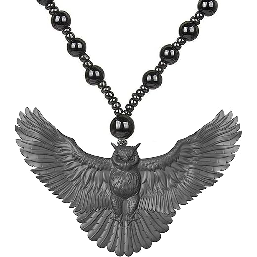 Owl Flight Charm Necklace Black Beaded Chain