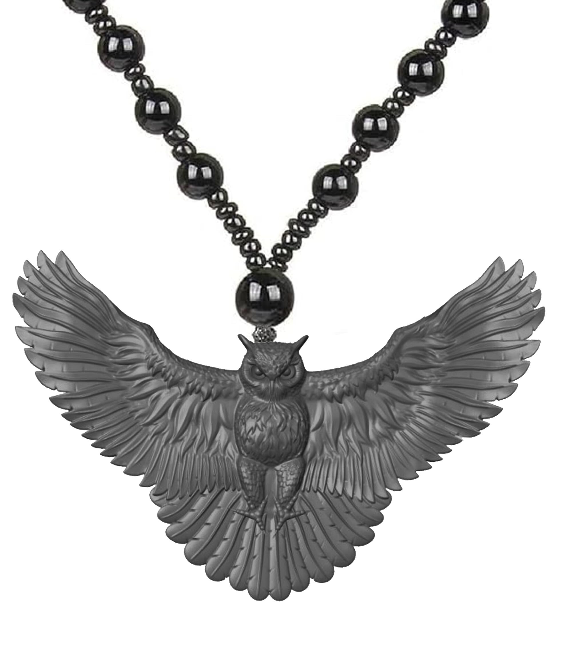 Owl Flight Flying Bird Jewelry Charm Pendant Necklace Handmade Jewelry with lack Beads Boho charm Chain Unisex Gift Black Oul Necklace with Black Beaded Chain Symbol of Wisdom Birthday Gifts