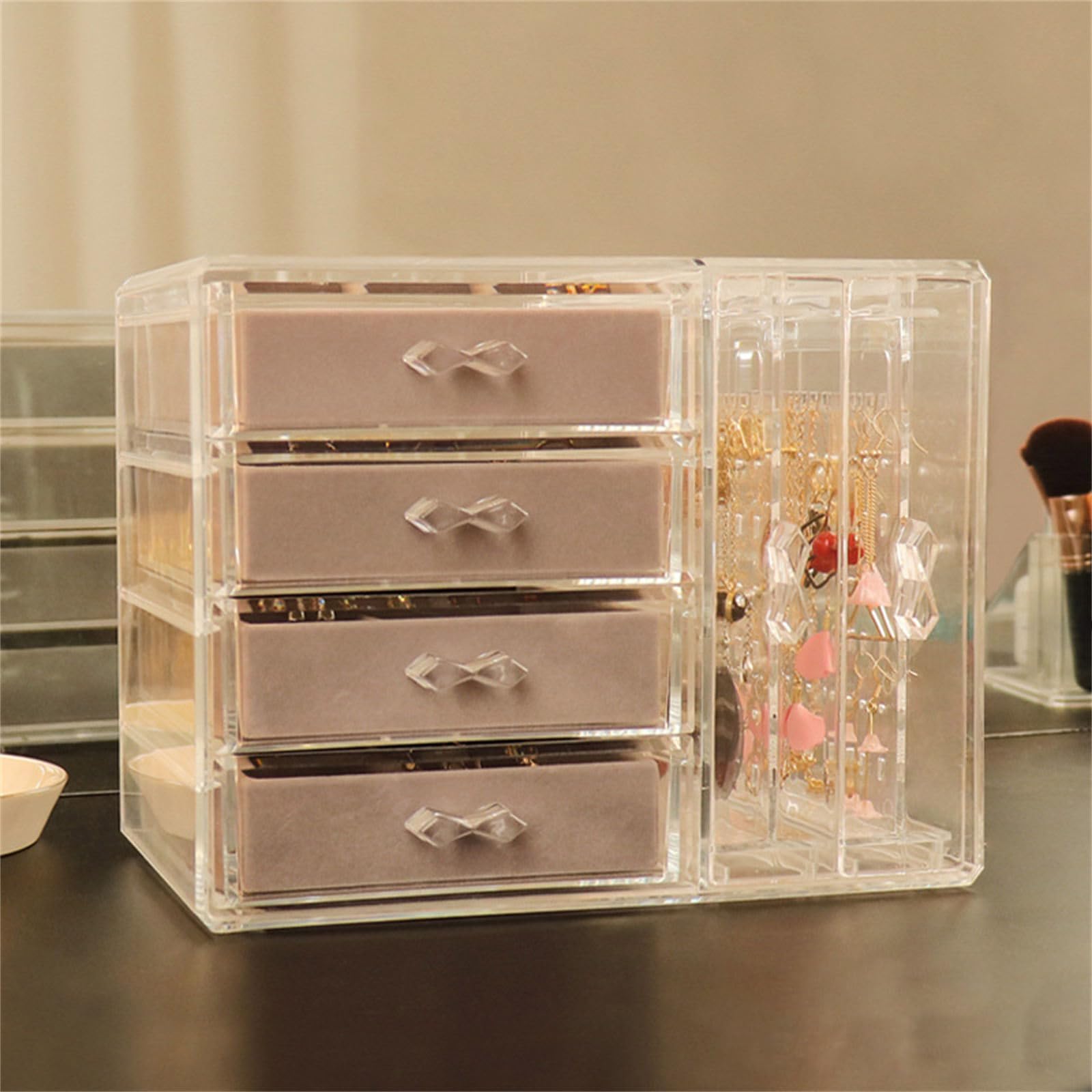 Eleganti Organizzatori Gioielli in Plastica Trasparente con Cinque Cassetti Soluzione Archiviazione Portatile per Orecchini E Accessori per Collane