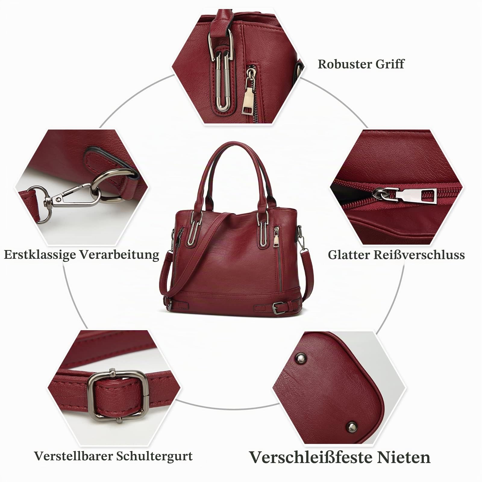 FANDARE Leichte Handtschasche Vintage Schultertasche Damen Umhängetasche Frauen Schulranzen PU Leder Wasserdicht für Shopper Reisen Arbeitstasche Messenger Tote Bags Weinrot