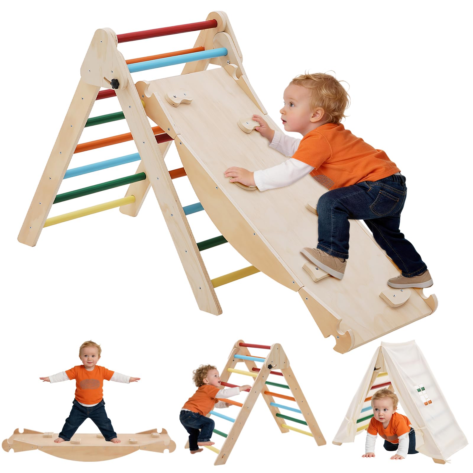 5-in-1 Montessori Kletterdreieck, Klettergerüst Indoor mit Rutsche, Kletterleiter und Zeltdach, Wippe, Faltbares Holz Klettern Spielzeug Indoor Outdoor Set, Indoor Spielplatz 1-5 Jahre