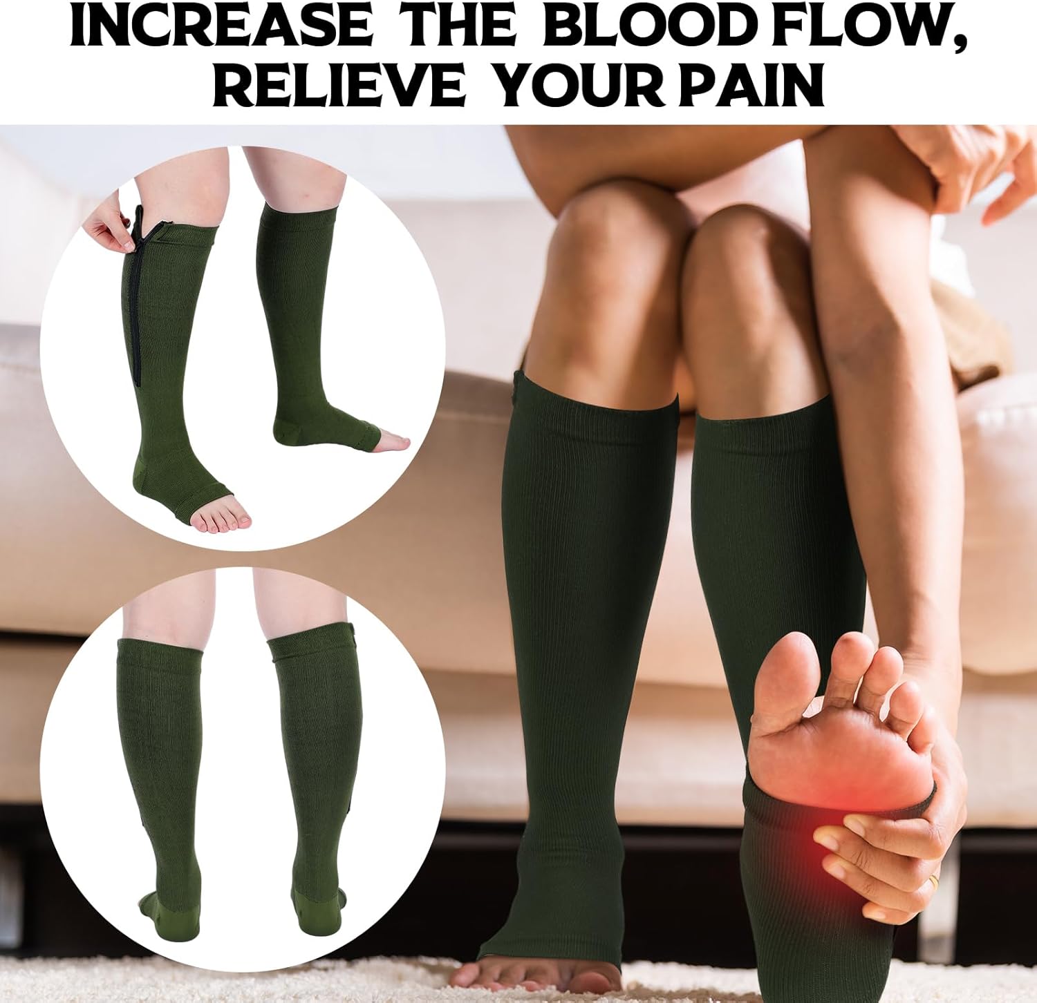 Nuanchu 3 Pairs Open Toe Zipper Compression Socks 20-30mmhg Zipper Compression Stockings Knee High Socks for Men Women Edema - Image 4