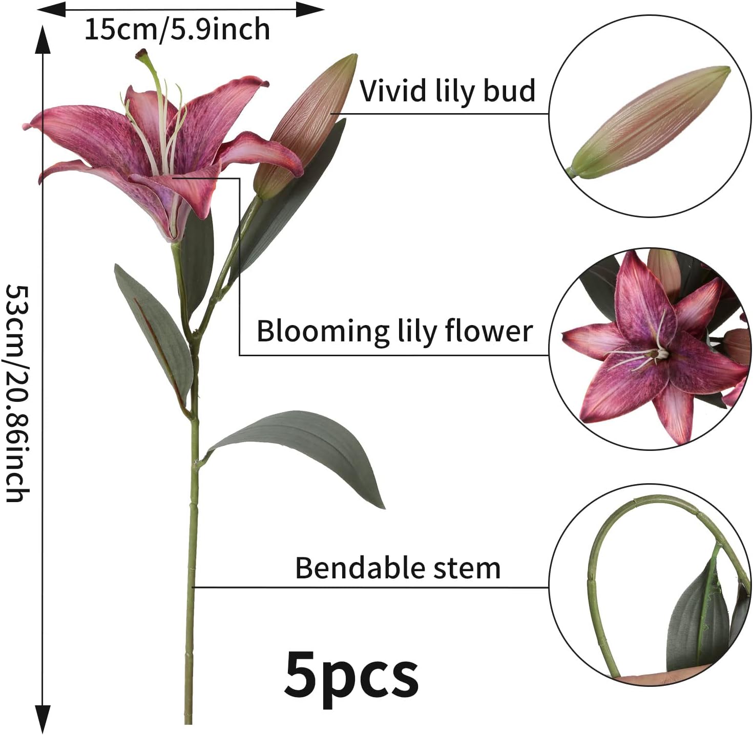 IPOPU Pink Artificial Lily Flowers 5PCS Hot Pink Silk Flowers Tiger Lily Faux Flowers Pink Flower Bulk Floral Arrangement Wedding Party Decor Home Decor - Image 3