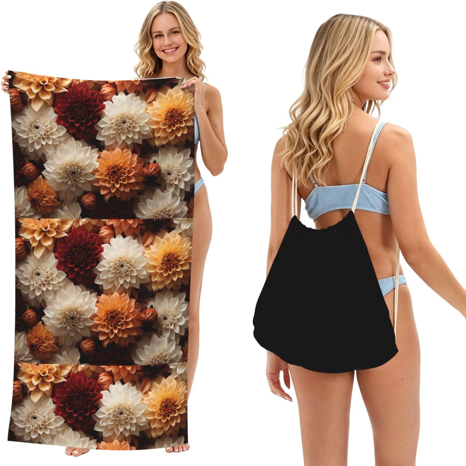 SKGOHLH Colorful flowers. 2in1 Packable Beach Towel Bag Women