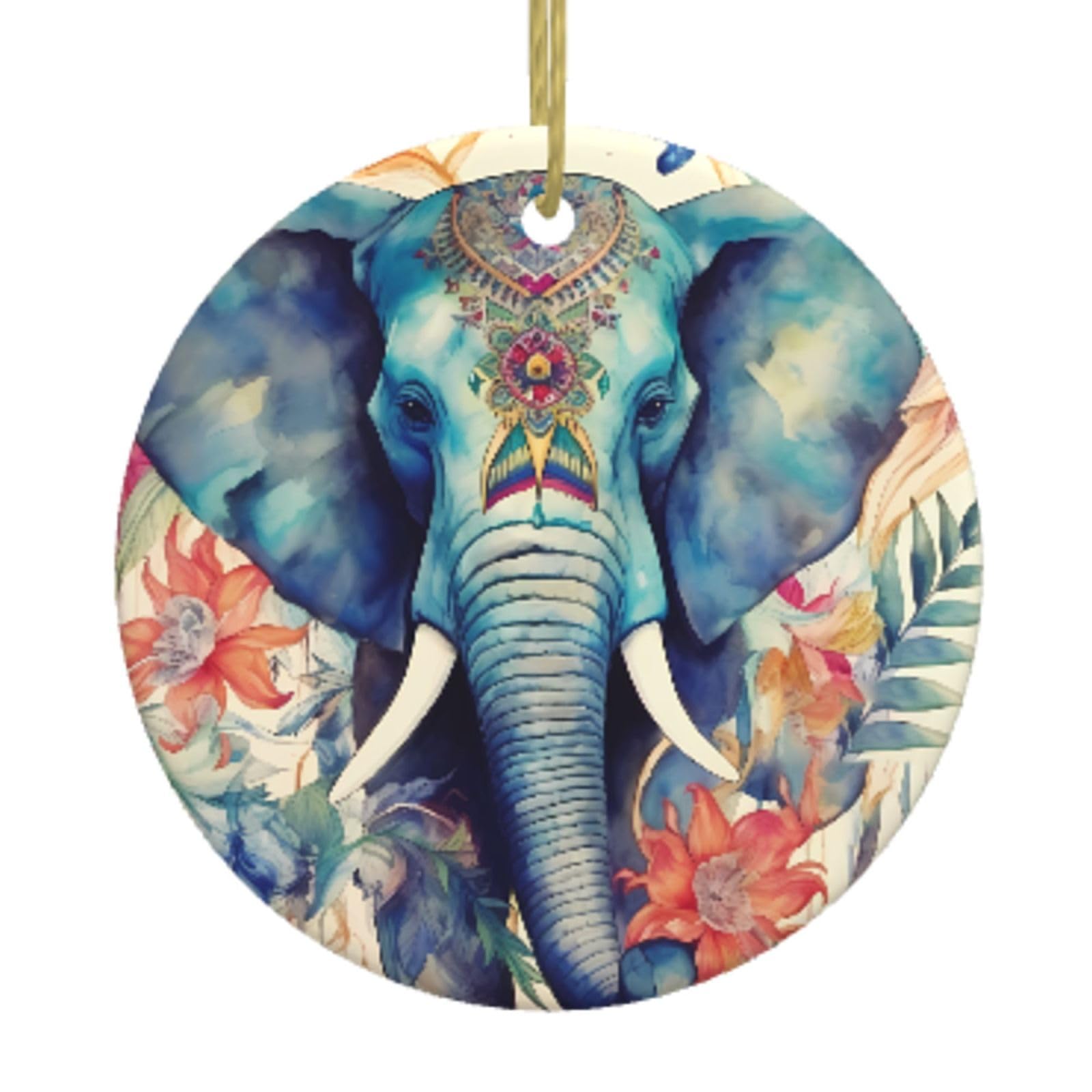 Ceramic Christmas Tree Hanging Ornaments with Gold Ropes Christmas Tree Decorations Round Ceramic Peacock Feathers Elephant Pendant Keepsake Decorations for Holiday Xmas Gift Ideas