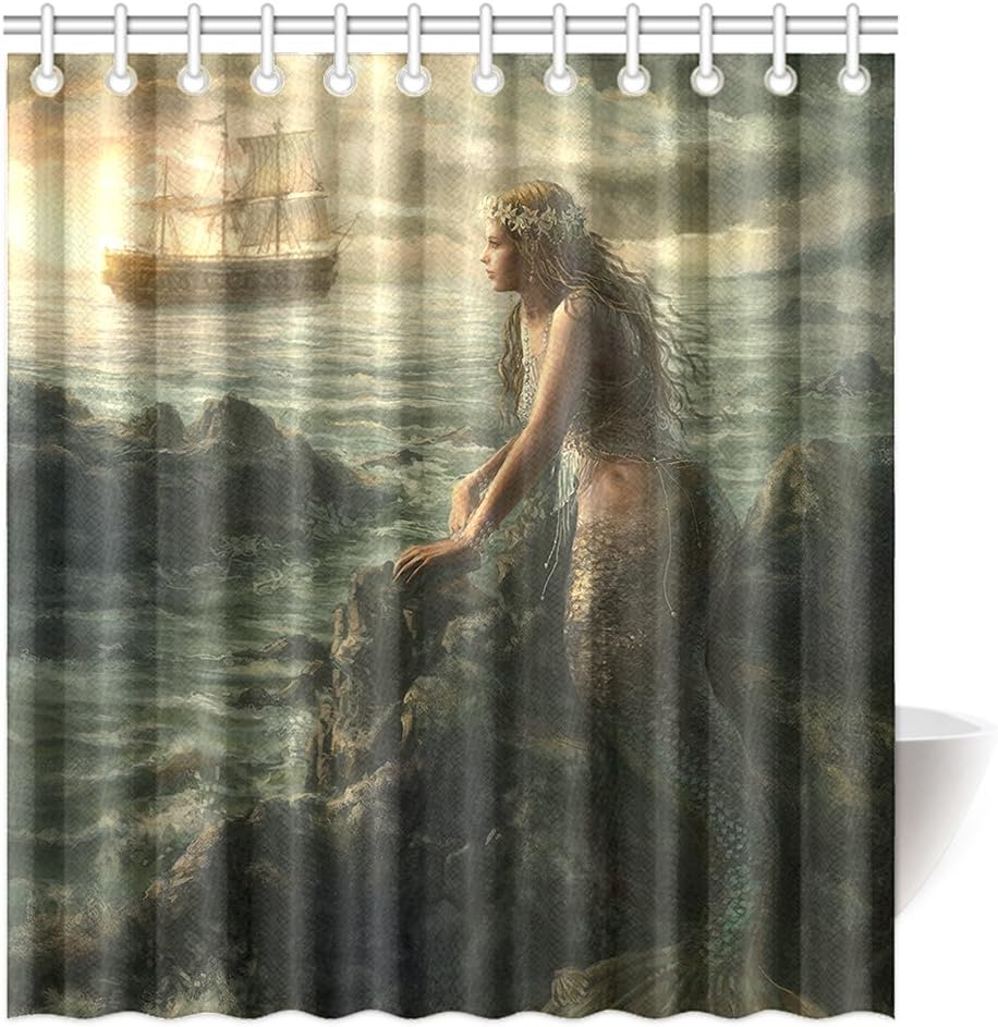 Beautiful Mermaid Art Shower Curtain Abstract Sea and Boat Polyester Fabric Bathroom Decor 66 x 72 Inch