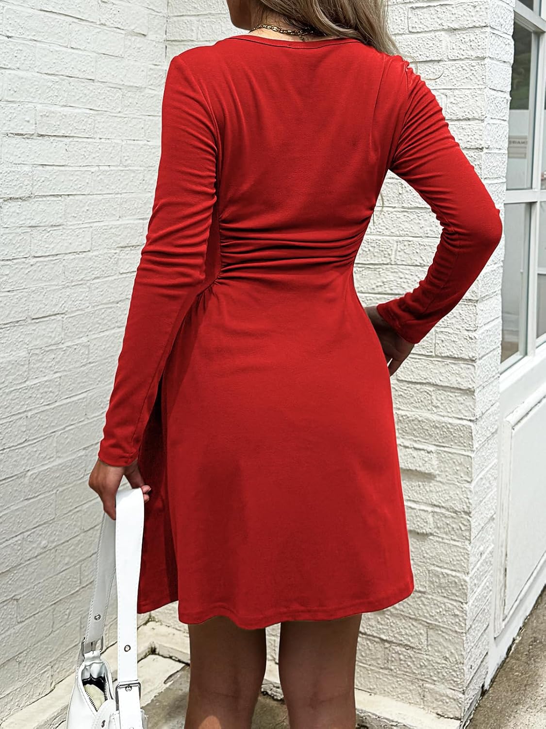 Women's Square Neck Long Sleeve Mini Dress Ruched Waist Corset Fall Dresses Slim-Fit with Pockets - Image 5