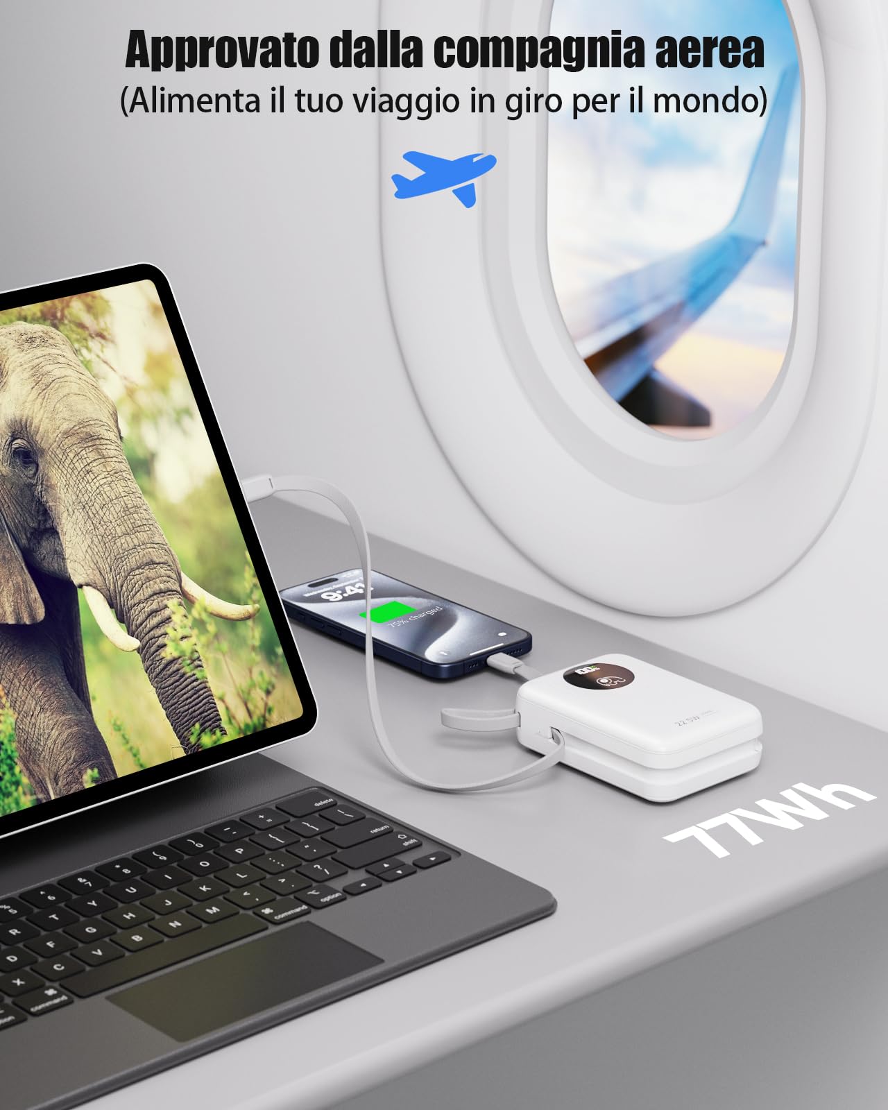 20000 mAh Power Bank con Cavi Integrati: Batteria Esterna a ricarica rapida da 22.5W per telefono cellulare, Pacco Batteria USB C,Caricatore Portatile con 4 uscite e 2 ingressi-Bianco