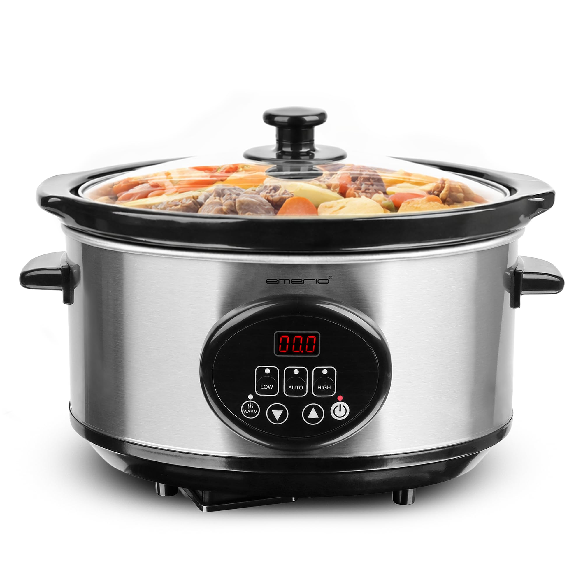 EMERIO Mijoteuse - SC-129406 - Cuve intérieure en céramique de 3,5 l (amovible) - 3 niveaux de température - Affichage - Minuterie - Couvercle en verre - 240 W - Fonction maintien au chaud - Passe au