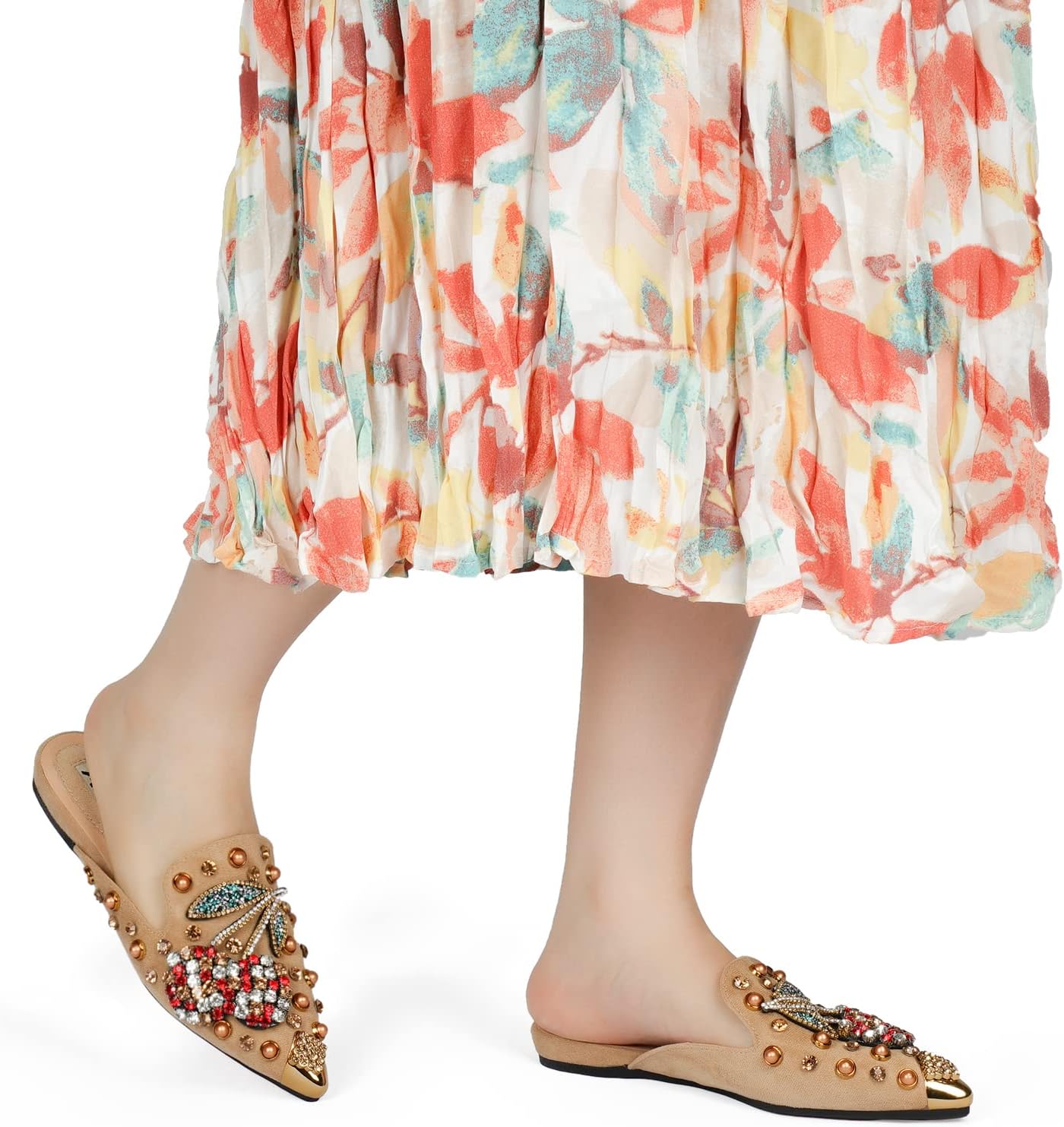 Mules for Women Flats Comfortable Soft Memory Foam Insole Cherry Pointed Rivet Mule Shoes - Image 2