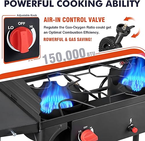 Miniatura 7 de Llamaviva - Estufa de gas de 2 quemadores, estufa de propano para exteriores con estantes laterales, patas extraíbles y regulador, quemadores de