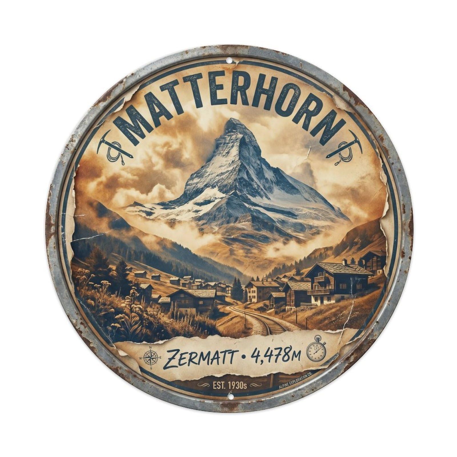 Cmhok Vintage Style-13 Vintage Travel Matterhorn Switzerland Artwork Metal Tin Sign Plaque Wall Decor For Cafe, Club, Garden Round Metal Poster 8X8inch