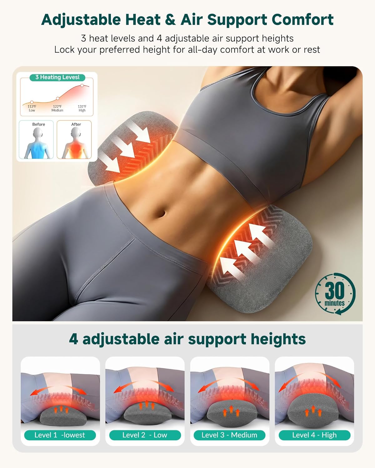 3-in-1 Rechargeable Electric Lumbar Support Pillow, Triple Support Air Lift Back Massager with Heat & Vibration, Adjustable Height Wide Waist Cushion for Bed & Chair, Smooth Spine Comfort Design