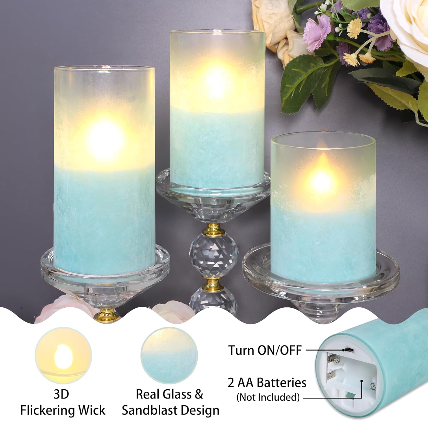 Blue Flameless Candles with Remote, Battery Operated LED Flickering Candles with Timer Sandblasted Glass LED Pillar Candles for Wedding Room Home Summer Ocean Decor