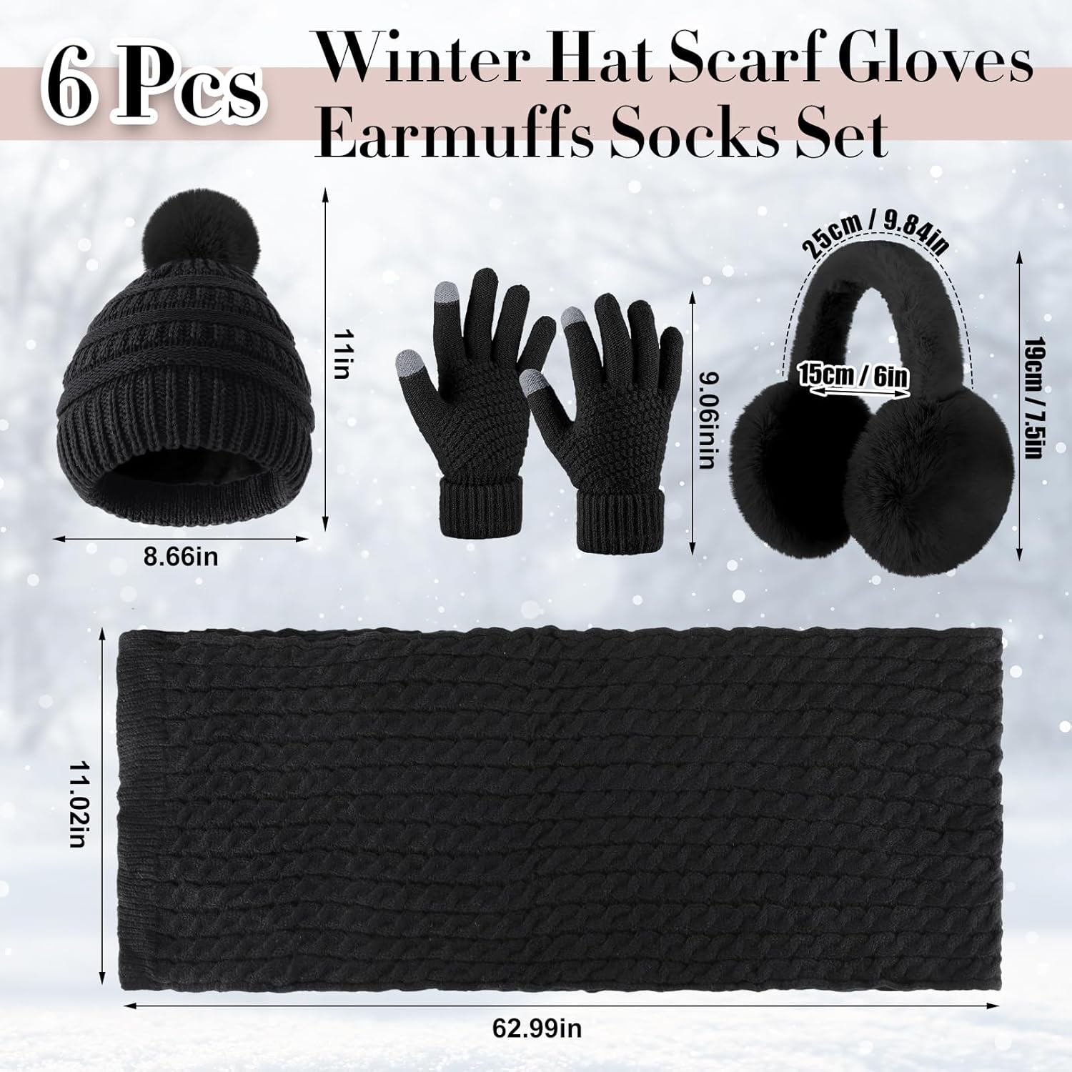 suhine 8 pcs winter hat scarf gloves earmuff set knit beanie pompom hat warm touch screen gloves for women men adult black,white chic style
