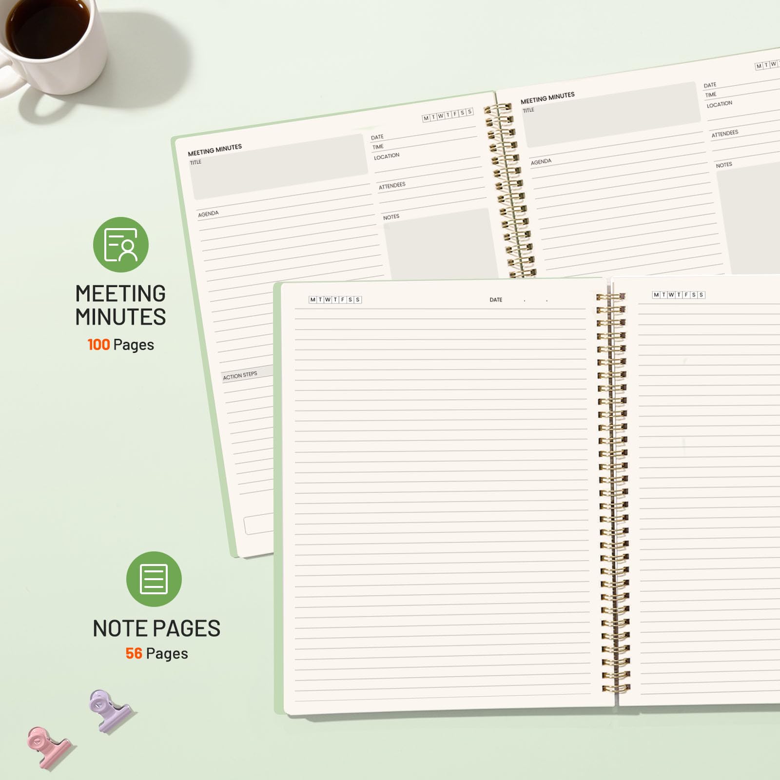 SUNEE Taccuino per riunioni da lavoro con linguette adesive, 160 pagine, formato A4, agenda per riunioni/minuti, organizer per appunti per donne e uomini, per prendere appunti, ufficio e affari, 21,6