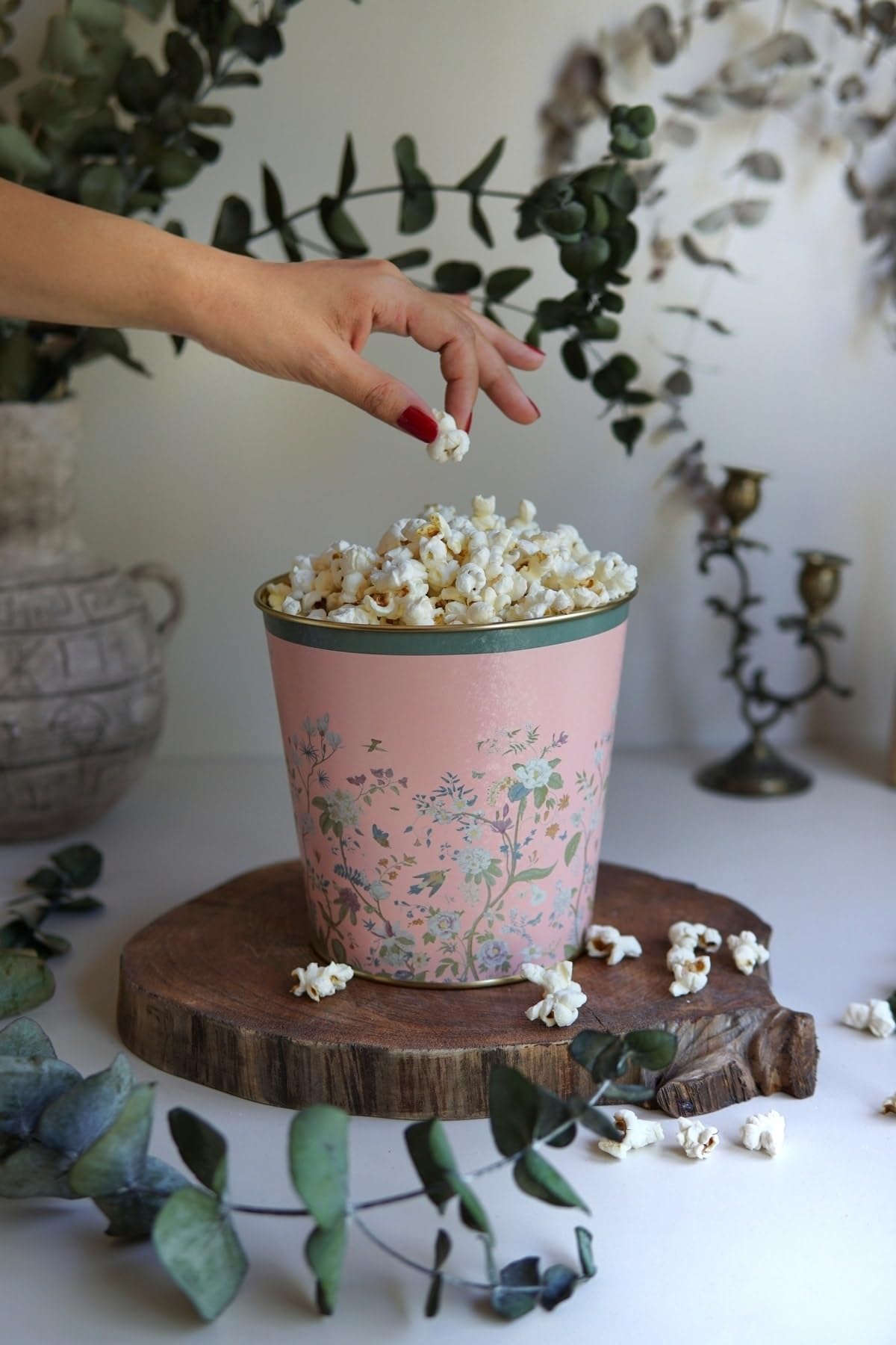 EVLE-Metal Popcorn Kutusu - Patlamış Mısır Kovası 13.5 Cm, Botanica (Botanica Pink)