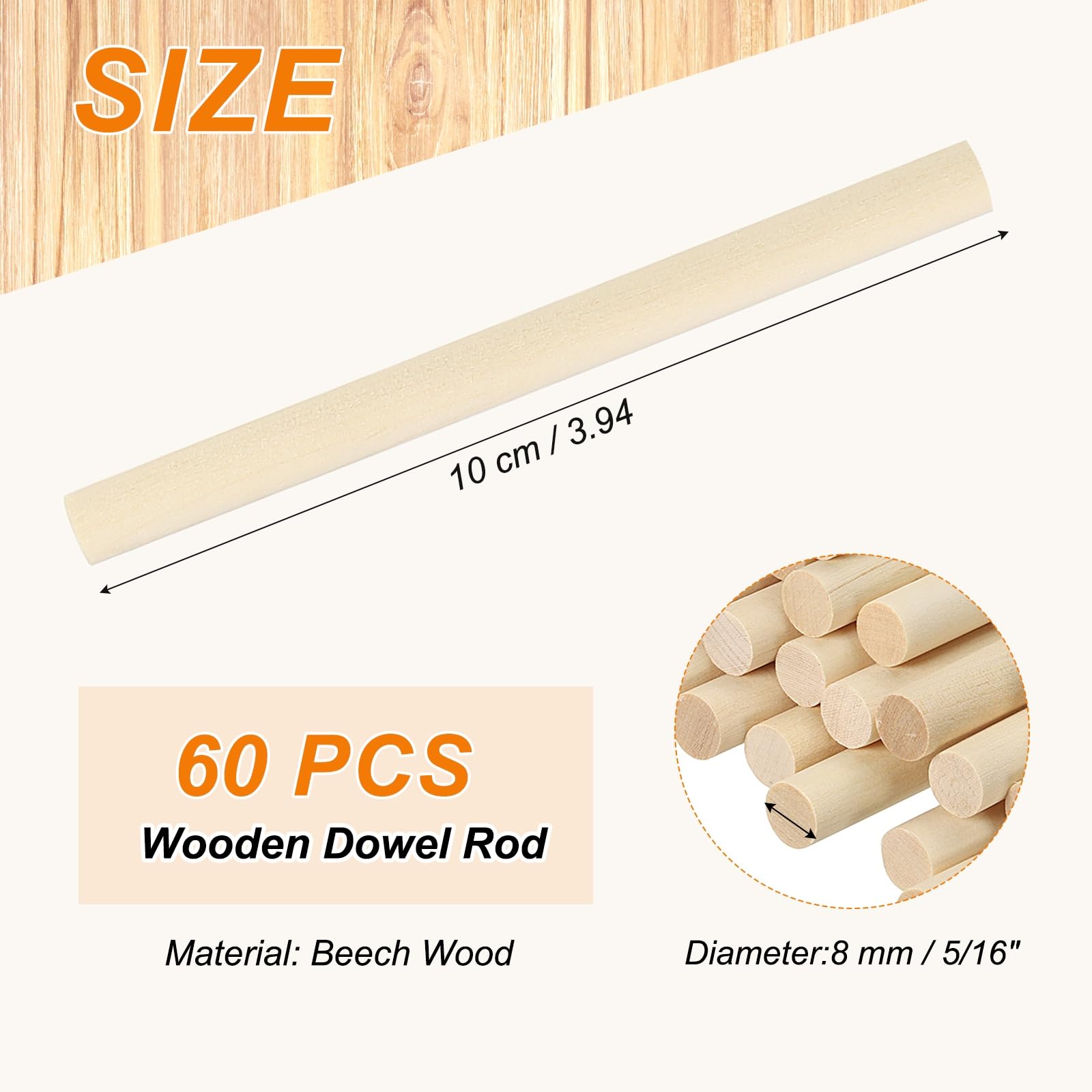 PATIKIL 5/16 x 4 Inch Wooden Dowel Rod 60 Pcs Wood Dowels for Craft Natural Color - Image 2
