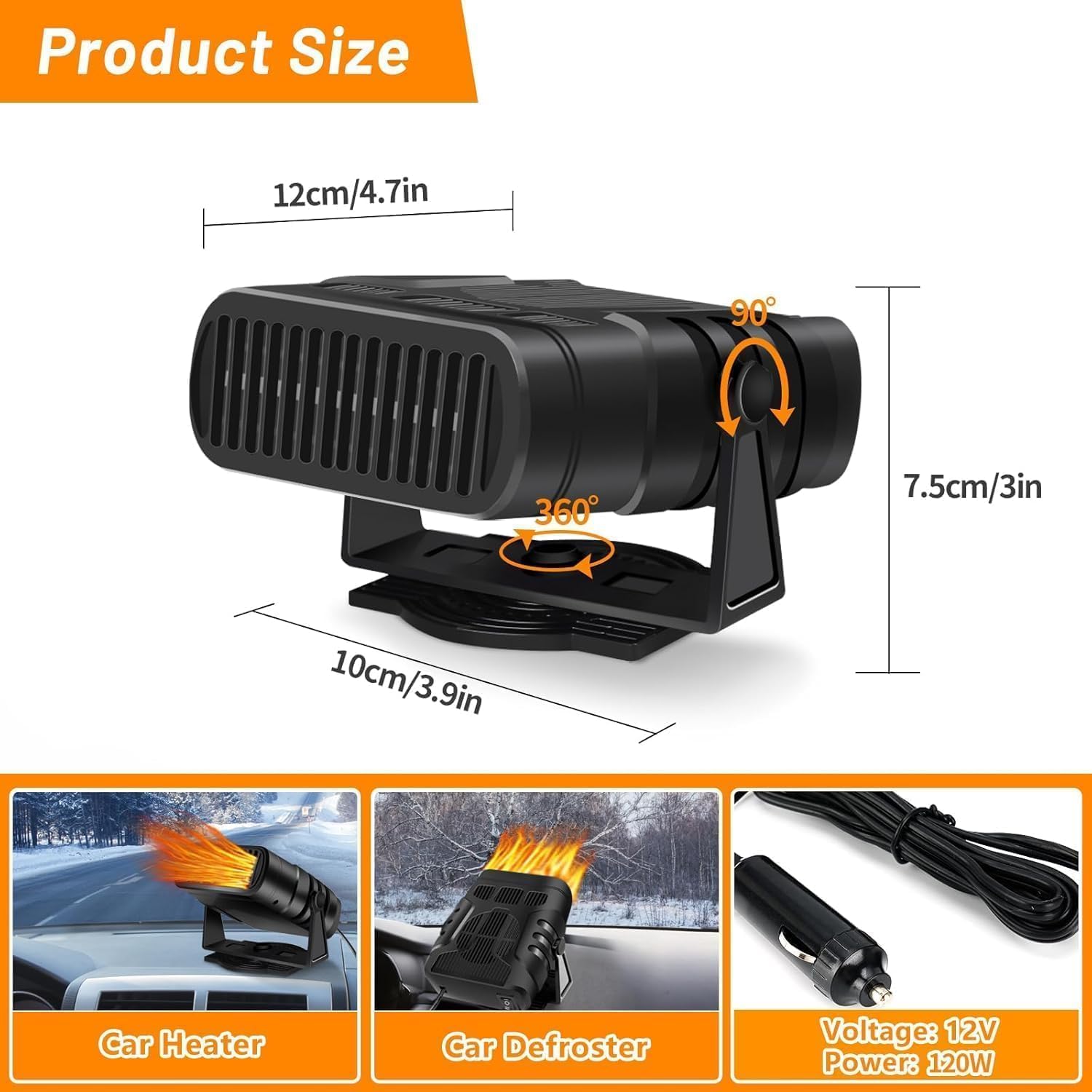 Ertisa Riscaldamento Auto 12v 120W Sbrinatore Auto 2 in 1 Riscaldatore per Auto Demister Sbrinatore Ventilatore Veicolo Riscaldamento Automatico Demiste Rotazione di 360° per Lo Invernale sbrinamento