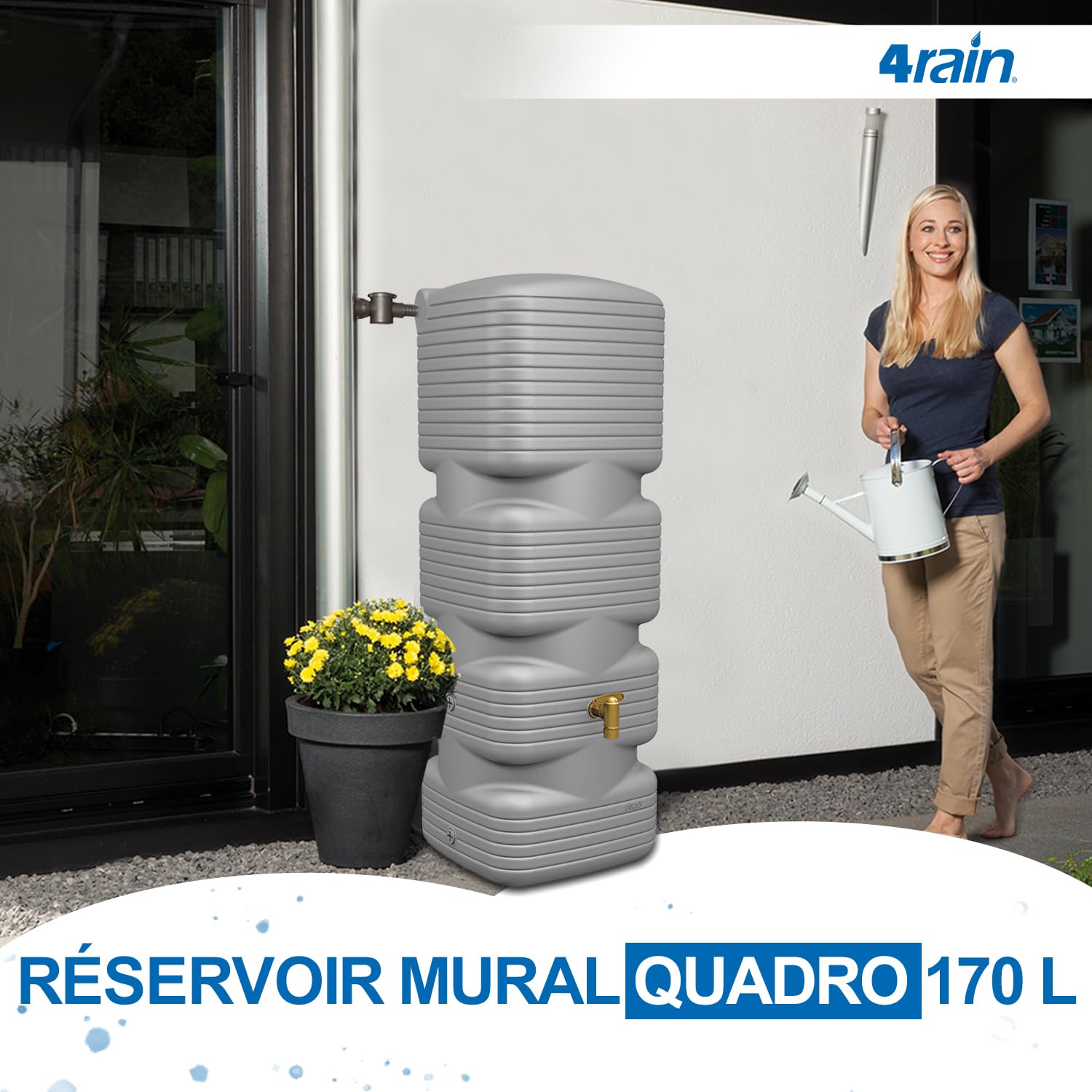 4rain Quadro Récupérateur d'eau de Pluie 170 L Gris béton Réservoir Mural