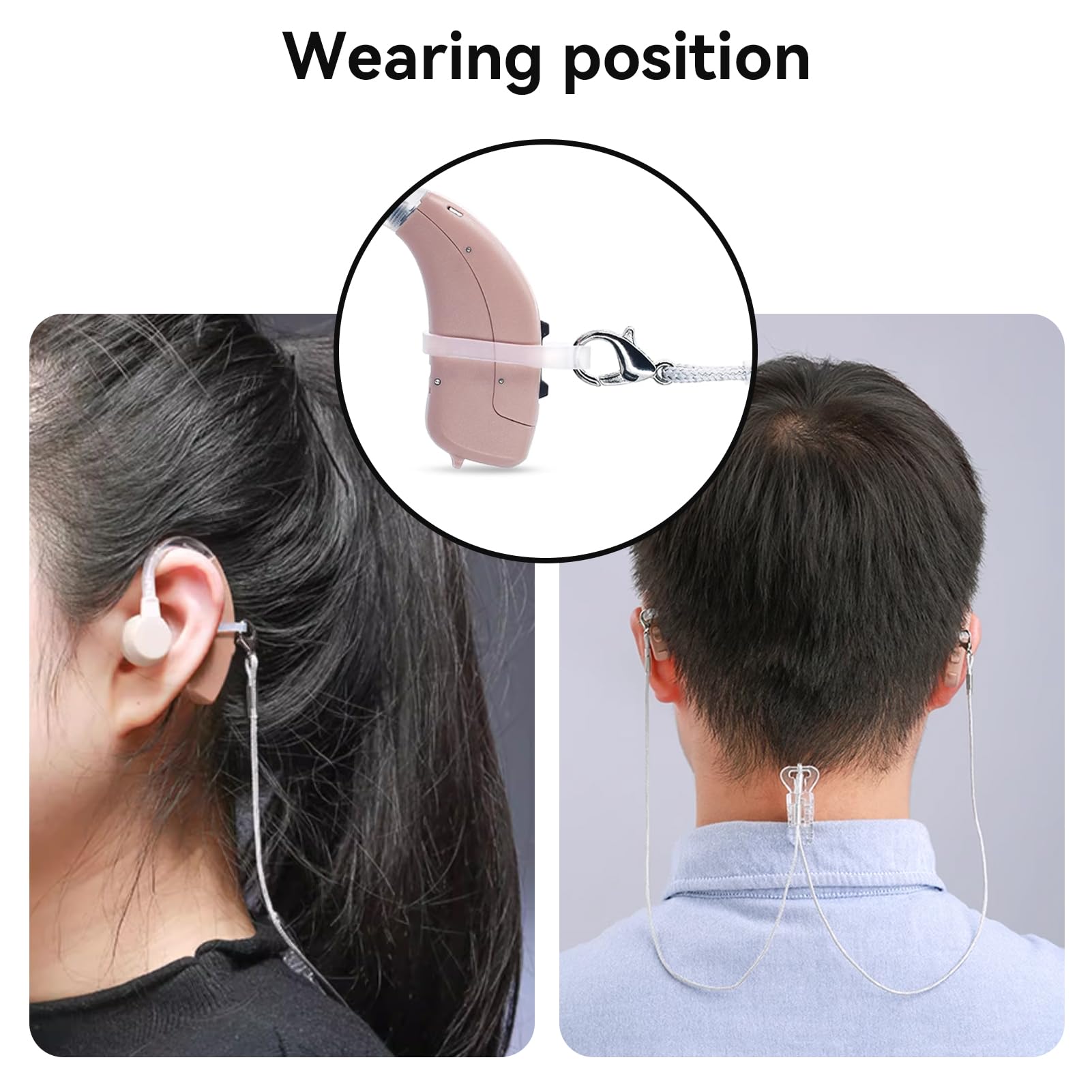 Clip per apparecchi acustici per anziani adulti – Protezione per cordino anti-smarrimento BTE Clip di corda con passanti e clip di sicurezza (nero