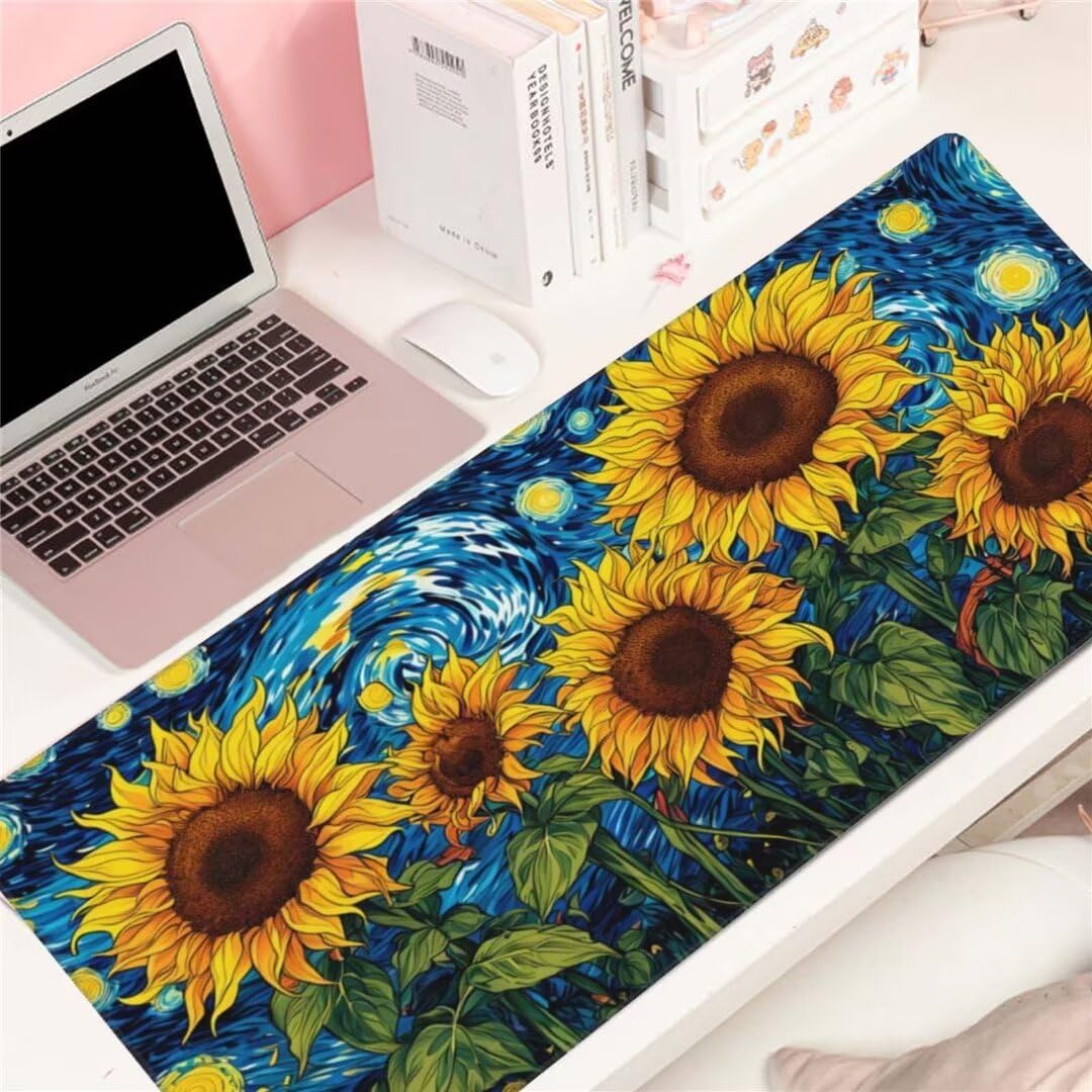 Alfombrilla de ratón 1400x600x3 MM, Alfombrilla Ratón XXL Extendida de Gran Tamaño con Bordes Cosidos, Base de Goma Antideslizante Almohadilla para Teclado, Girasol Abstracto S-2405