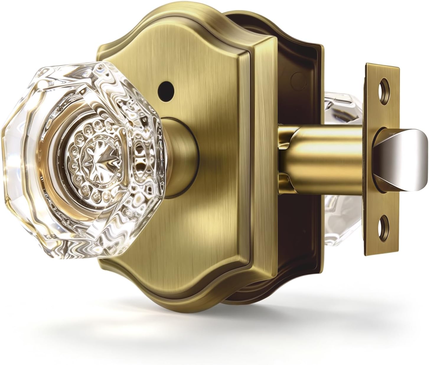 Orger Octagonal Crystal Door Knob 1 Pack, Interior Privacy Door Handle for Bed/Bathroom with Pin Lock Inside, Antique Bronze Vintage Rosette Door Knob with Heavy Duty Genuine Glass
