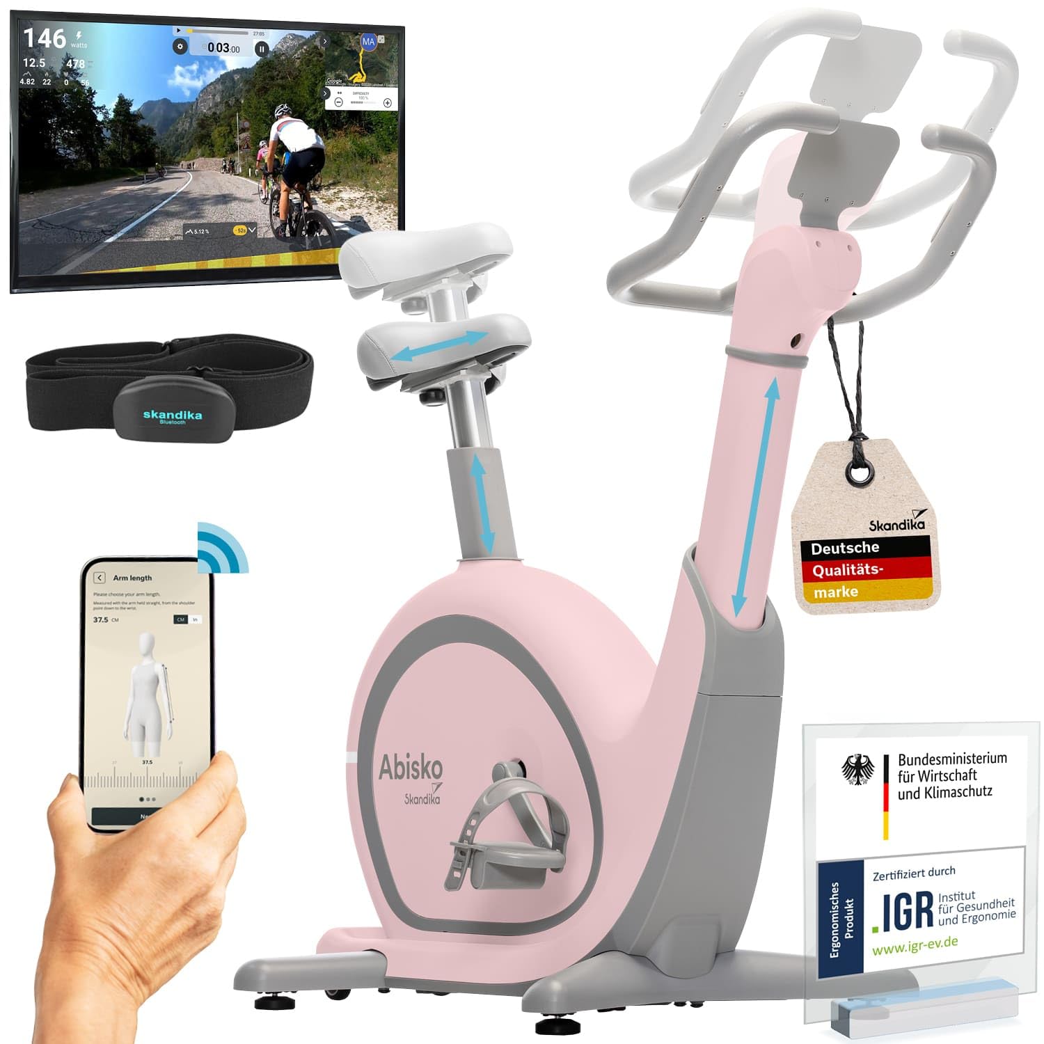 Skandika Ergometr Abisko World, opór EMS, inteligentny rower treningowy, sterowanie aplikacją, automatyczna regulacja kierownicy i siodełka, 36 poziomów oporu, rower stacjonarny do domu